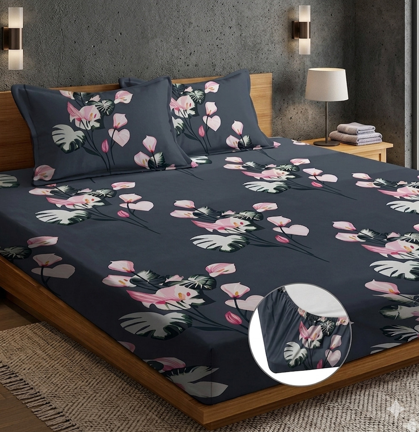 Image of Prosseya Cotton Queen, King, Double Fitted (Elastic) 180 TC Printed 1 Summer Bedsheet with 2 Pillow Covers