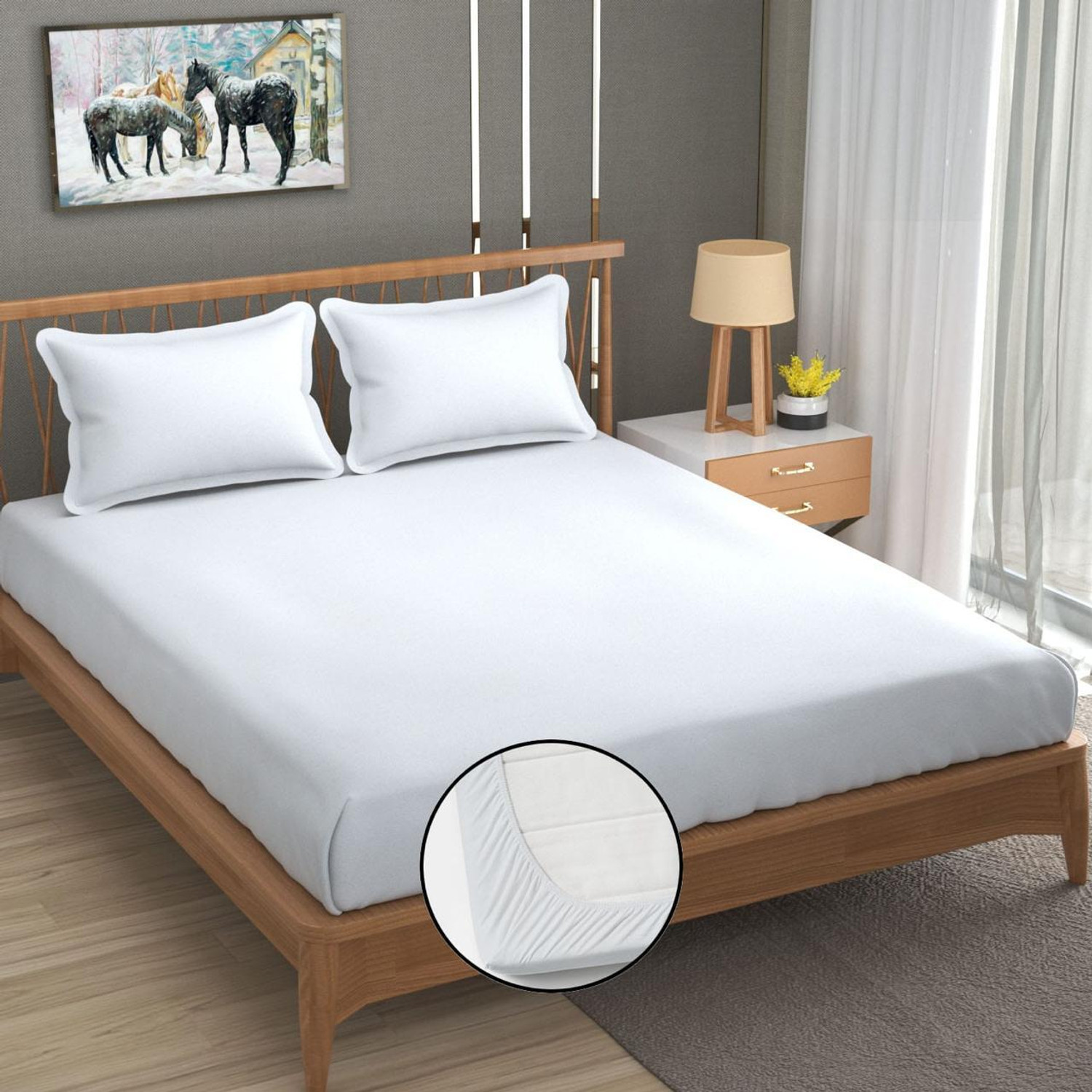 Image of MIGHTYCOZY Cotton Double Fitted (Elastic) 220 TC Solid 1 Bedsheet with 2 Pillow Covers (White)