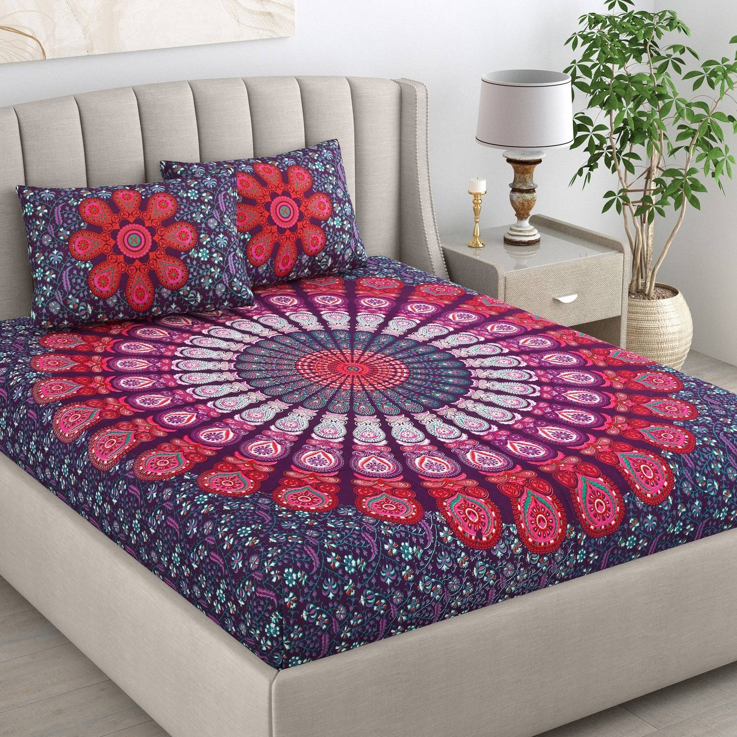CHICERY Cotton Double Flat 210 TC Printed 1 Bedsheet with 2 Pillow Covers