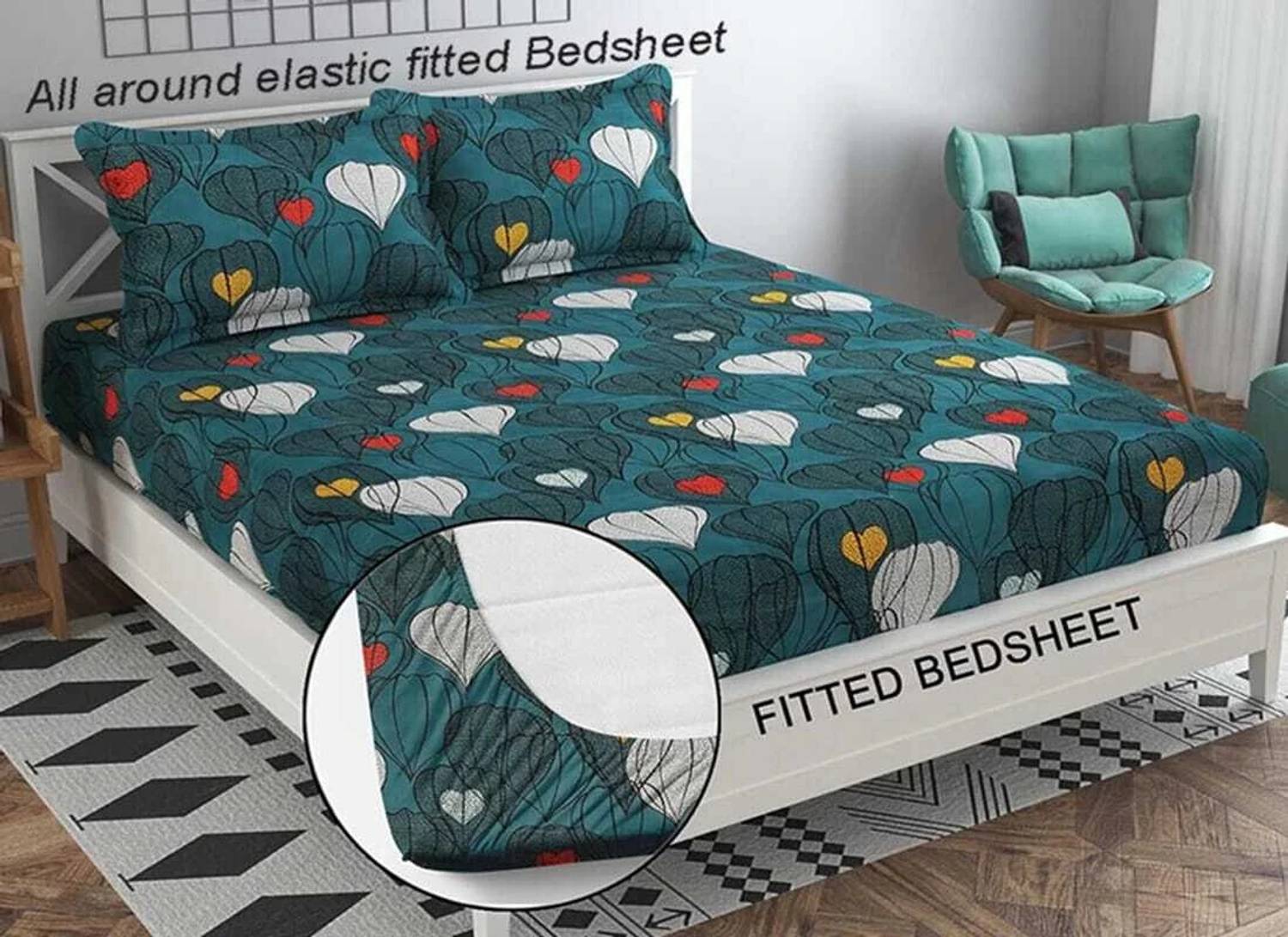 A11 M@LL Polycotton Double Fitted (Elastic) 220 TC Printed 1 Bedsheet with 2 Pillow Covers