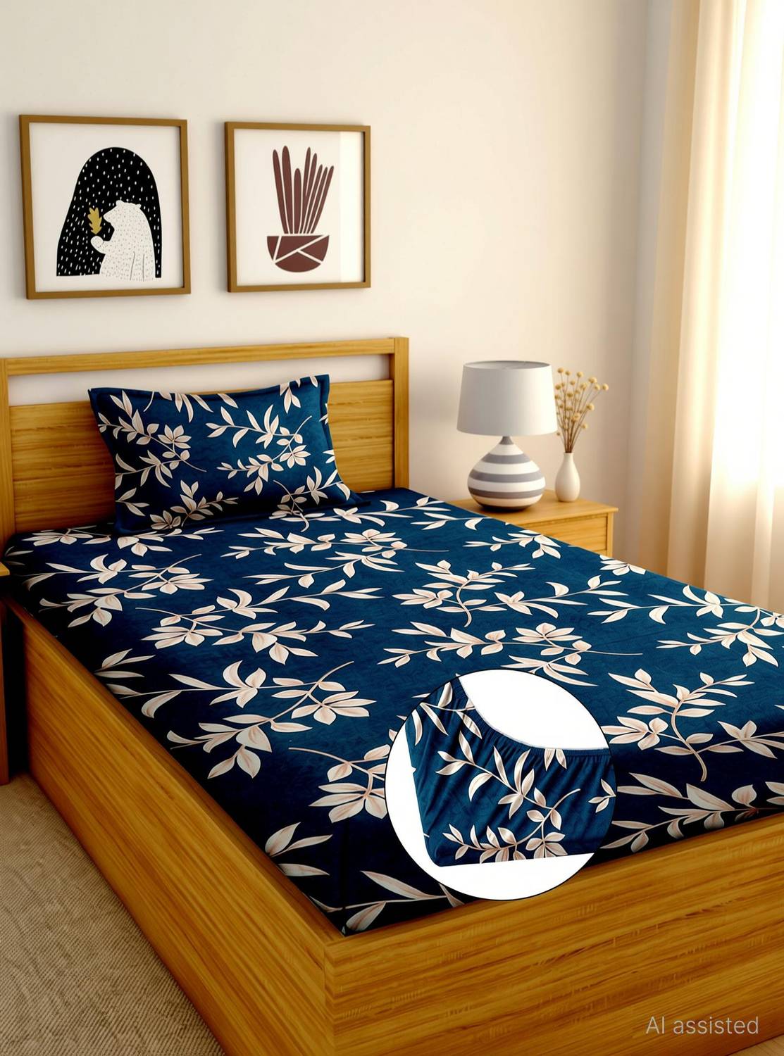 Moonroof Cotton Single Fitted (Elastic) 240 TC Printed 1 Bedsheet with 2 Pillow Covers