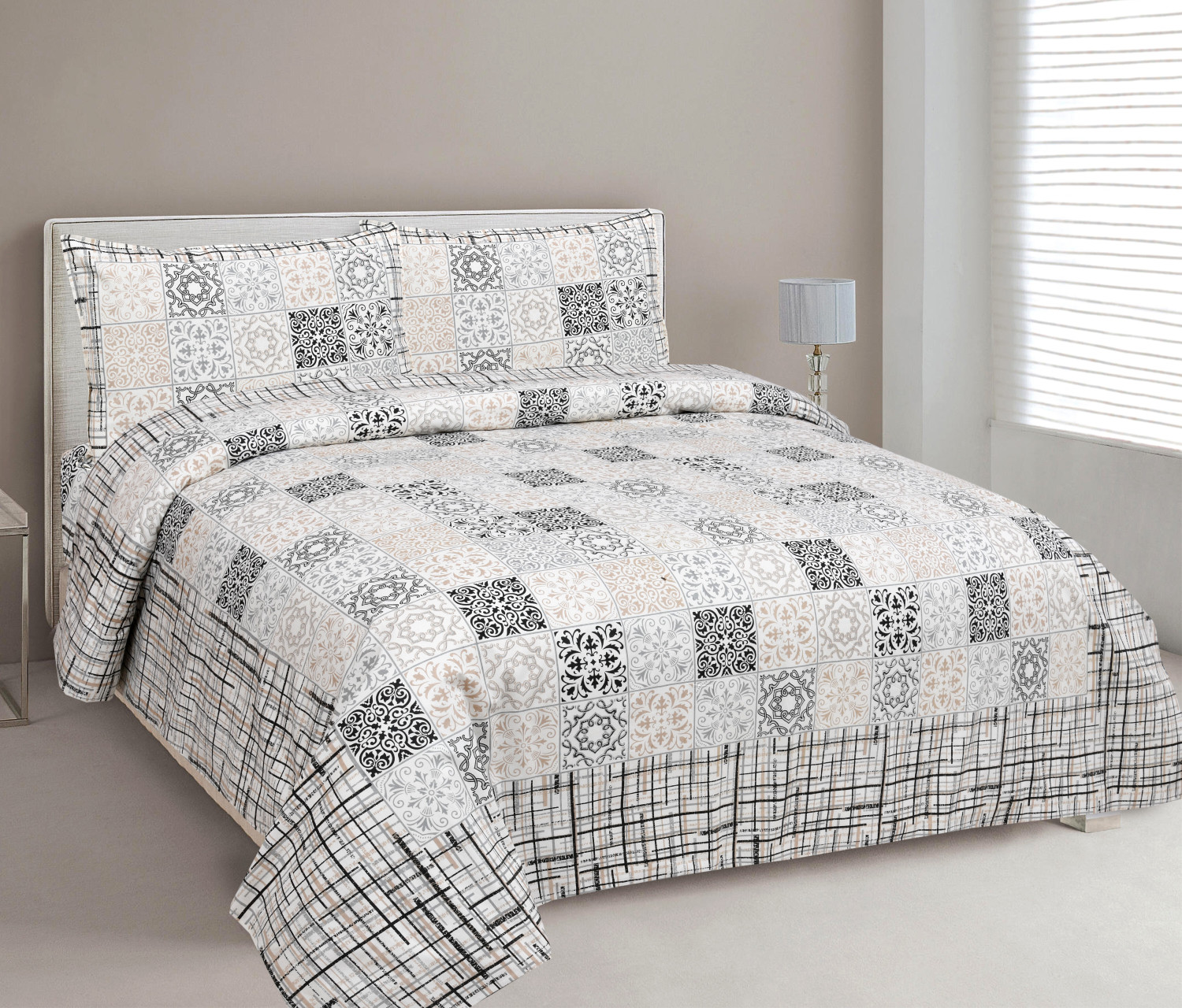 Image of Mafatlal Cotton Double Flat 144 TC Geometric 1 Bedsheet with 2 Pillow Covers