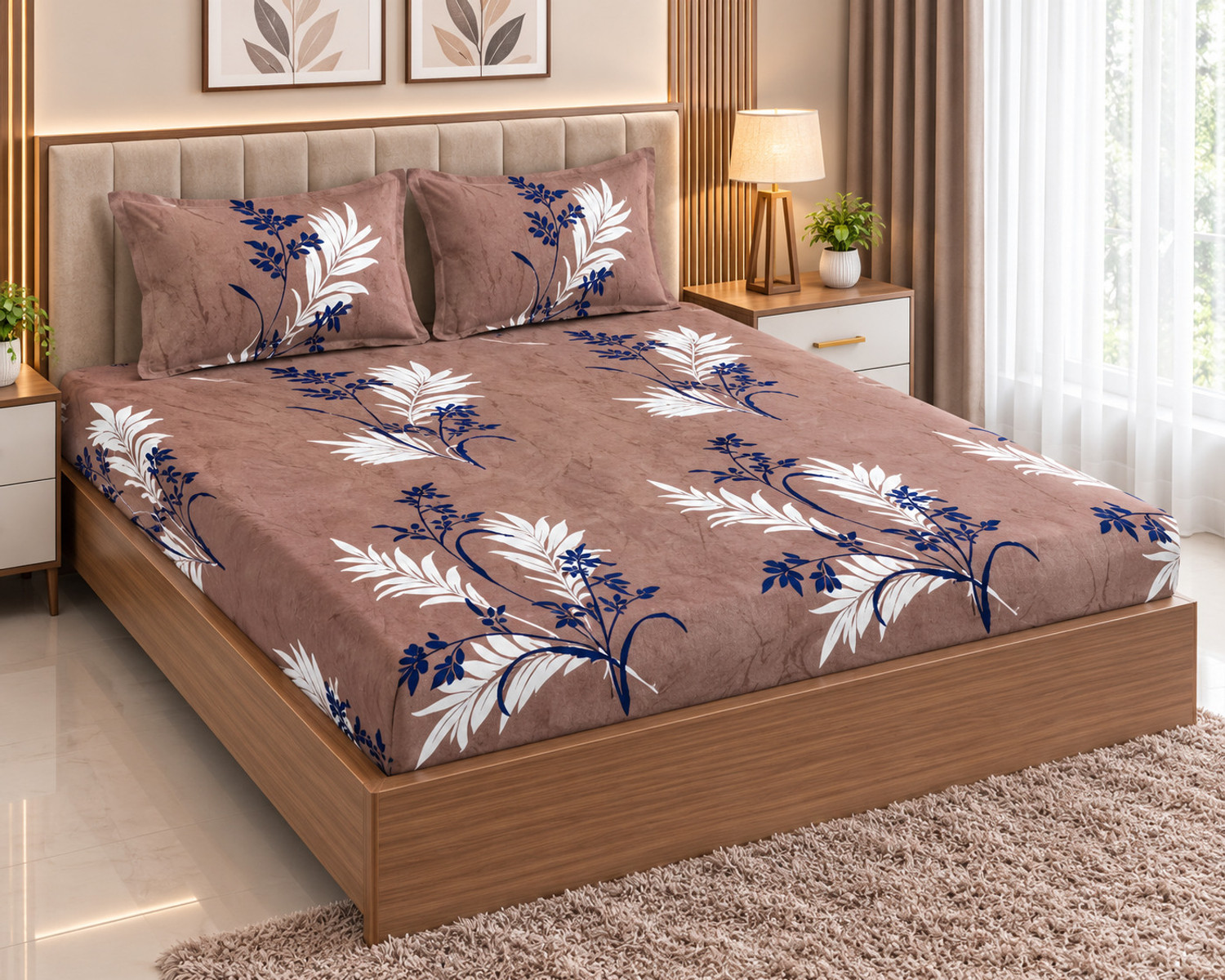 Image of d delazio Woolen, Velvet Double Fitted (Elastic) 300 TC Printed 2 Winter Bedsheets with 2 Pillow Covers