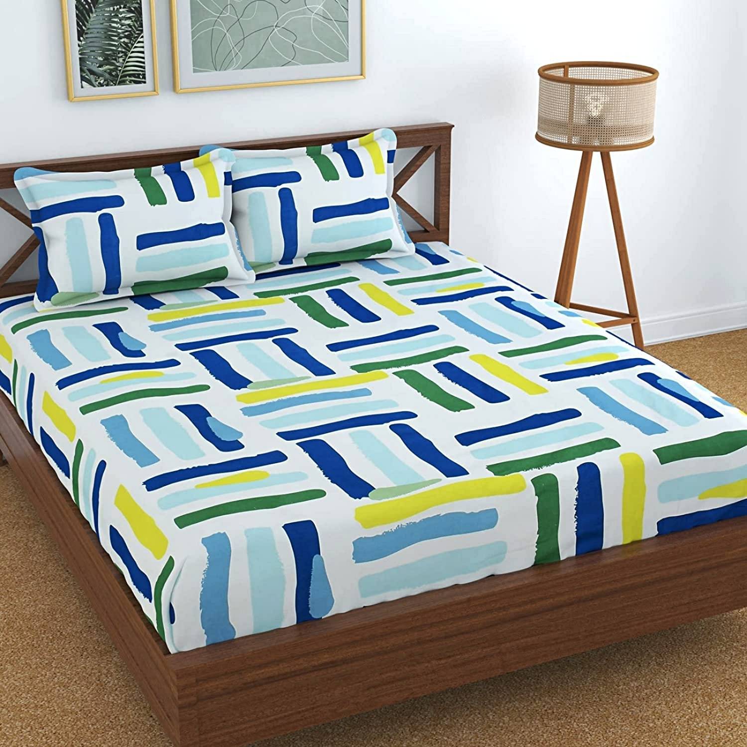 BEDORISM Cotton King Fitted (Elastic) 260 TC Printed 1 Bedsheet with 2 Pillow Covers