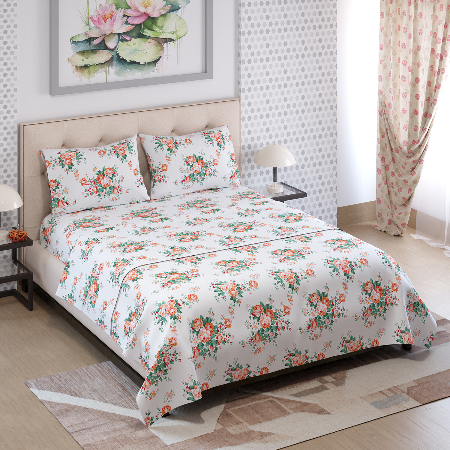Image of Layers Cotton Blend Double Flat 225 TC Printed 1 Bedsheet with 2 Pillow Covers