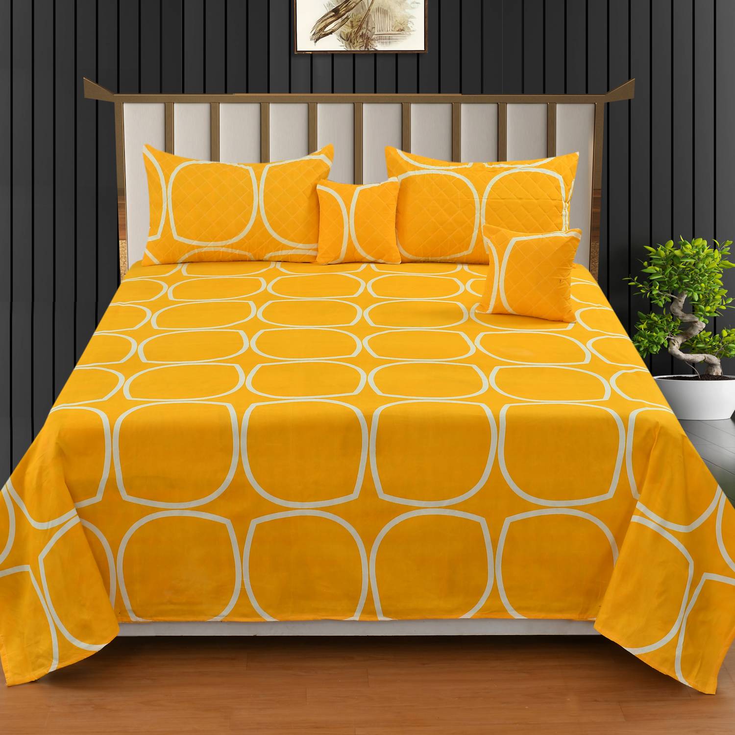 Bedit Cotton King Flat 320 TC Printed 1 Bedsheet with 2 Pillow Covers, 2 Cushion Covers