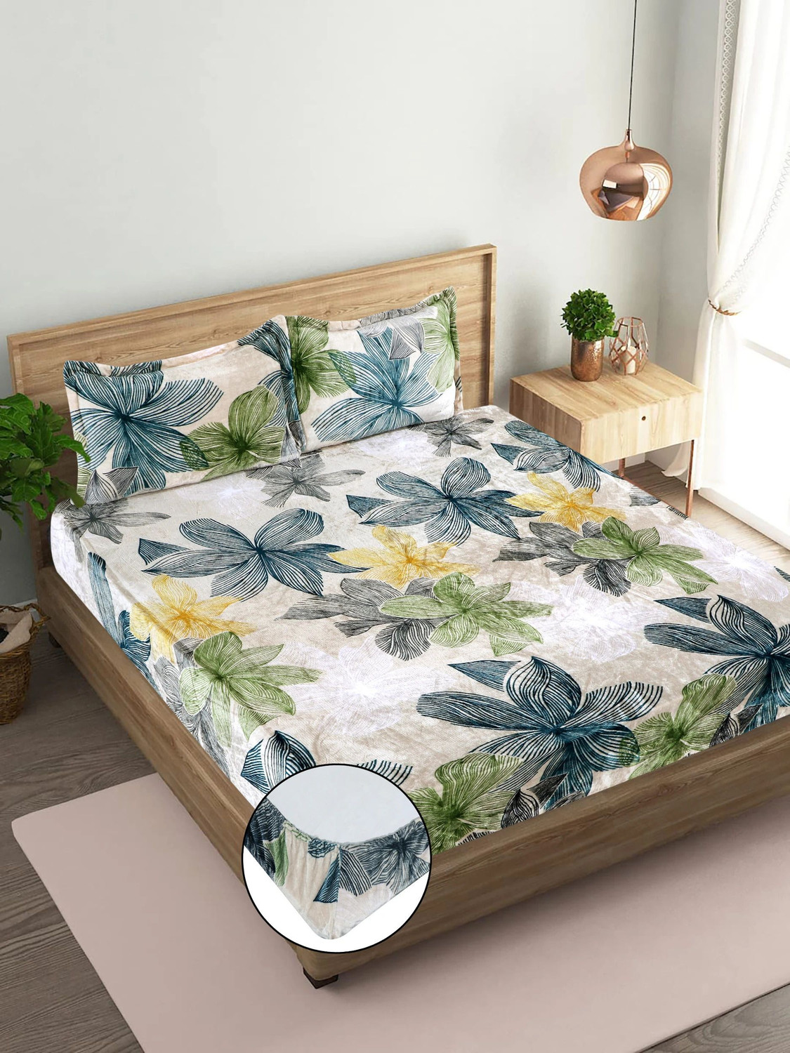 Image of real dream Velvet Double Fitted (Elastic) 310 TC Floral 1 Winter Bedsheet with 2 Pillow Covers