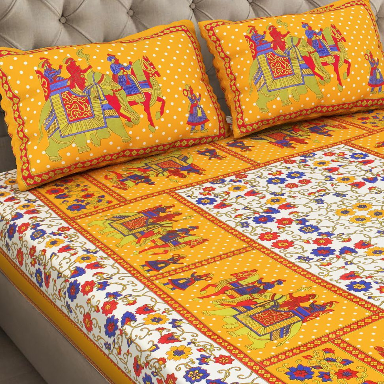 Image of Indian Royal Fashion Cotton Double Flat 144 TC Jaipuri Prints 3 Bedsheets with 2 Pillow Covers