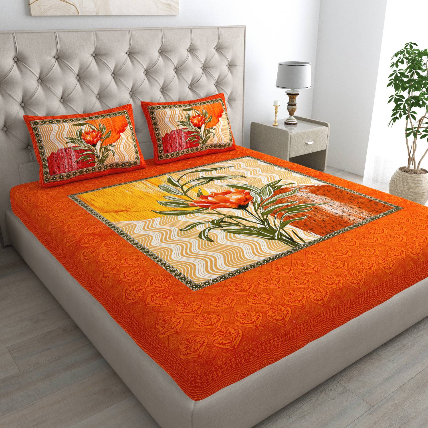 Cosito Cotton Double Flat 144 TC Printed 1 Bedsheet with 2 Pillow
