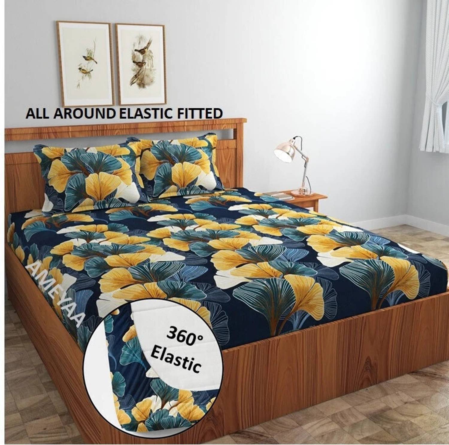 AMEYAA Cotton King Fitted (Elastic) 320 TC Printed 1 Bedsheet wit