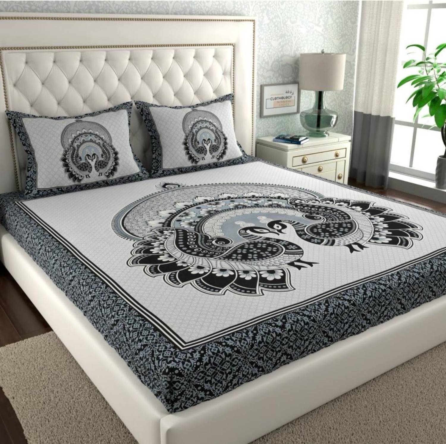 RAMOLI Cotton Double Flat 144 TC Jaipuri Prints 1 Bedsheet with 2
