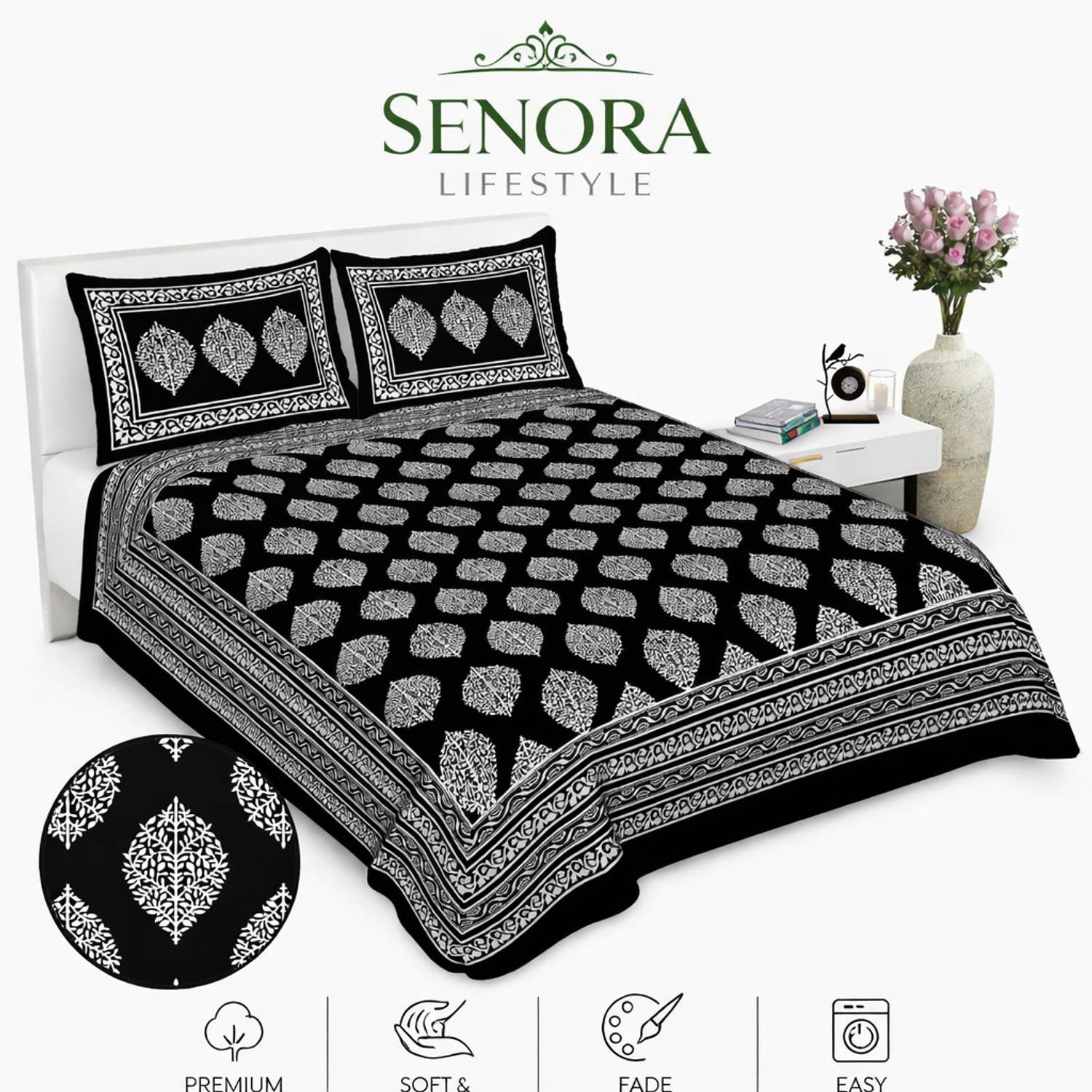 SENORA LIFESTYLE Cotton Queen Flat 144 TC Printed 1 Bedsheet (Bla