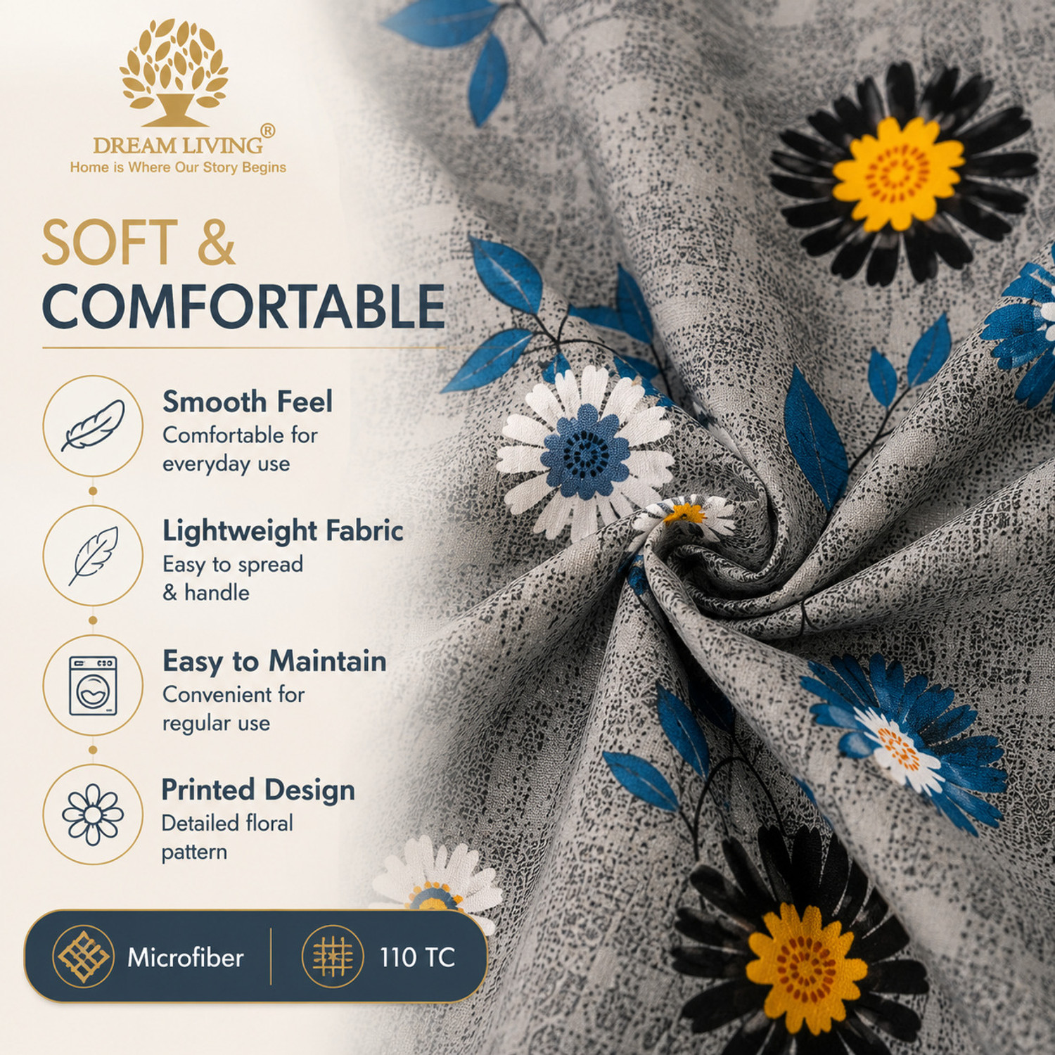 Image of DREAM LIVING Microfiber Double Flat 110 TC Printed 1 Bedsheet