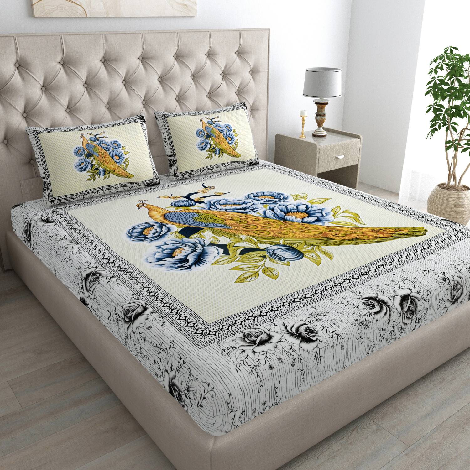 Cosito Cotton Double Flat 144 TC Floral 1 Bedsheet with 2 Pillow
