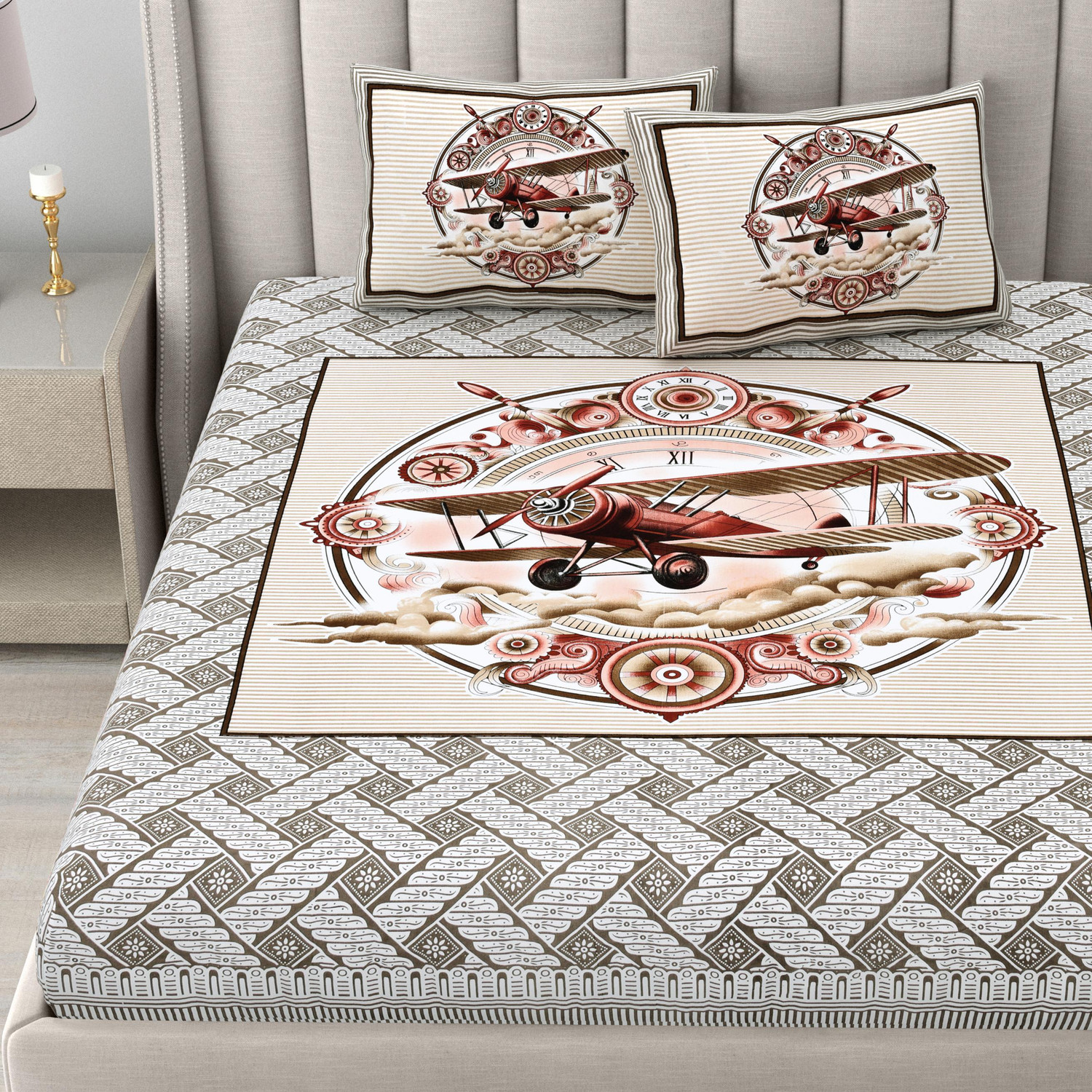 Image of HANSHI Cotton King Flat 260 TC Jaipuri Prints 1 Bedsheet with 2 Pillow Covers