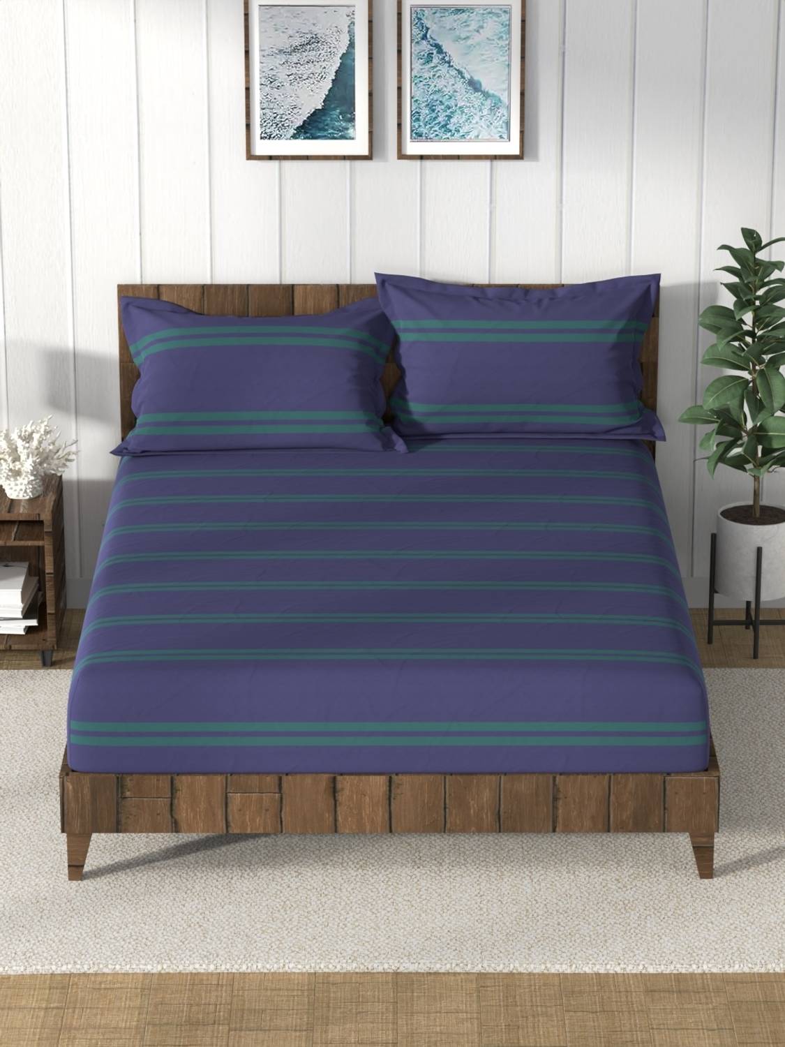 NAUTICA Cotton King Flat 160 TC Checkered 1 Bedsheet with 2 Pillow Covers (Blue) deal from flipkart