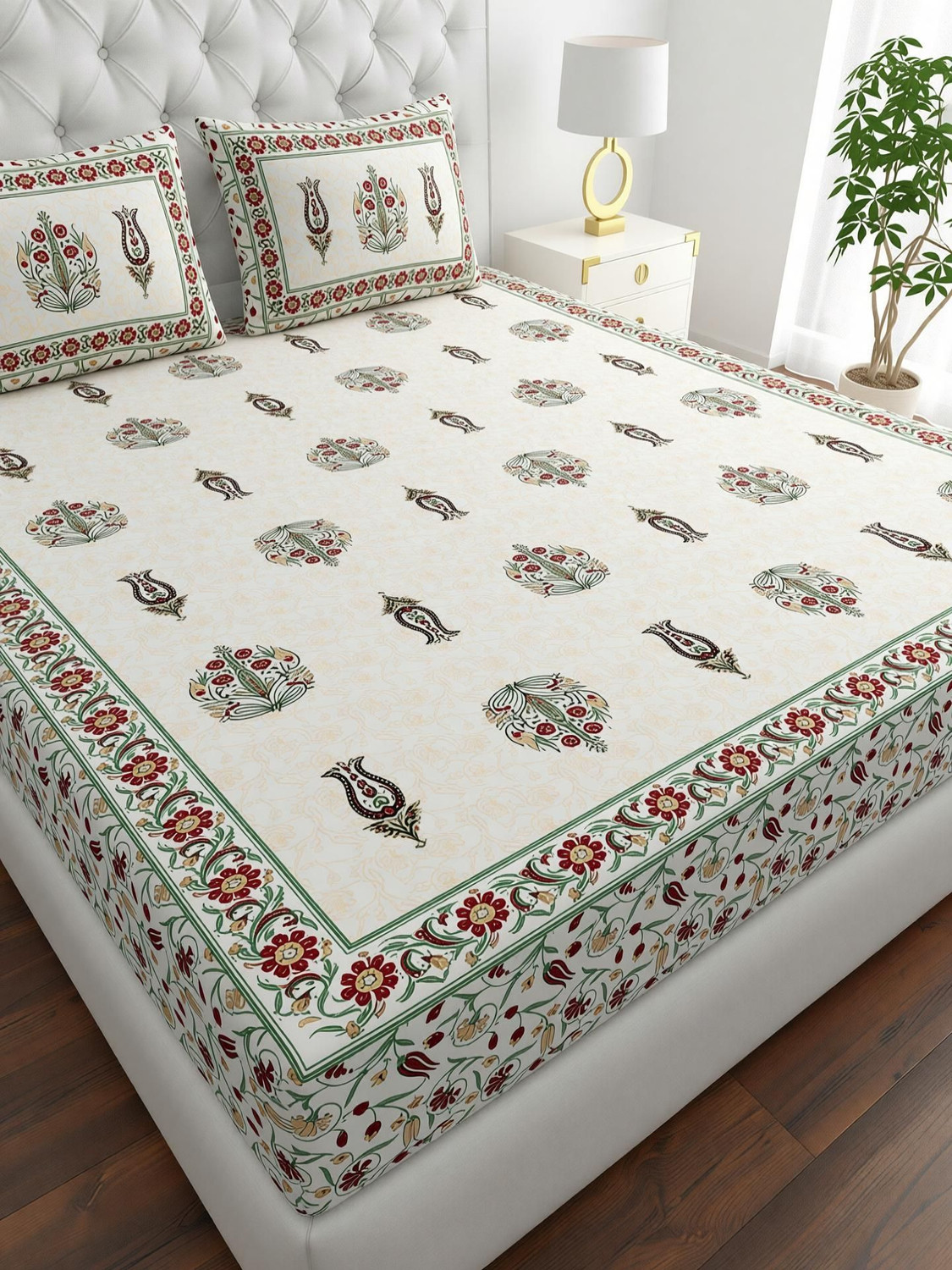 Image of COZYKO Cotton King Flat 200 TC Jaipuri Prints 1 Bedsheet with 2 Pillow Covers