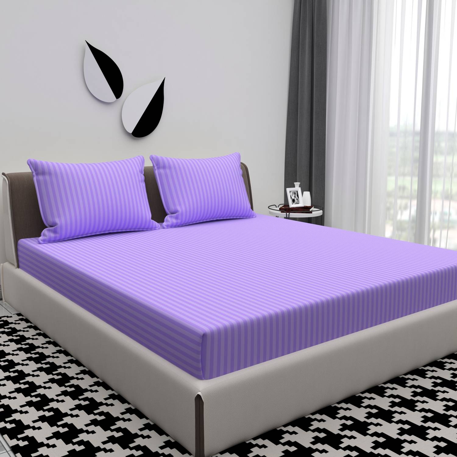 BROMWICK Microfiber Double Flat 300 TC Striped 1 Bedsheet with 2