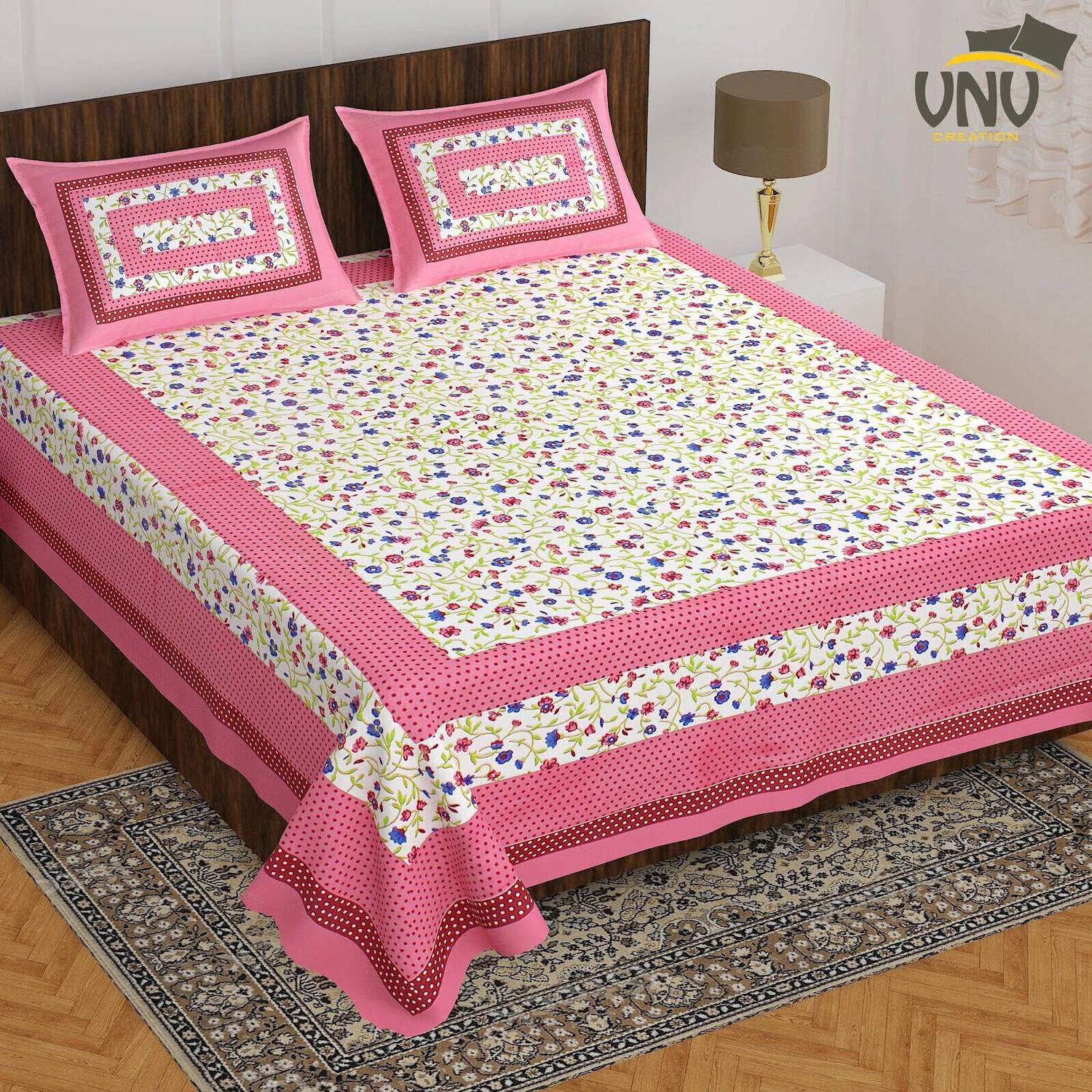 VNV Creation Cotton Double Flat 144 TC Printed 1 Bedsheet with 2