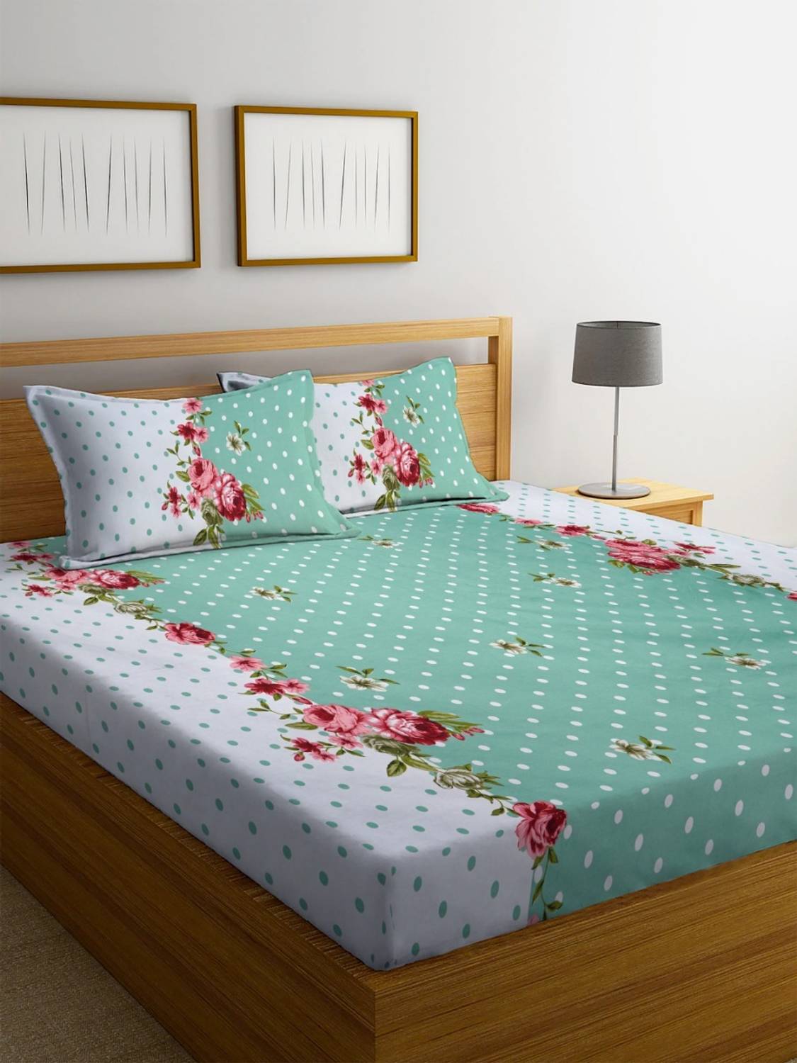 EMBERA Cotton King Fitted (Elastic) 180 TC Floral 1 Bedsheet with 2 Pillow Covers