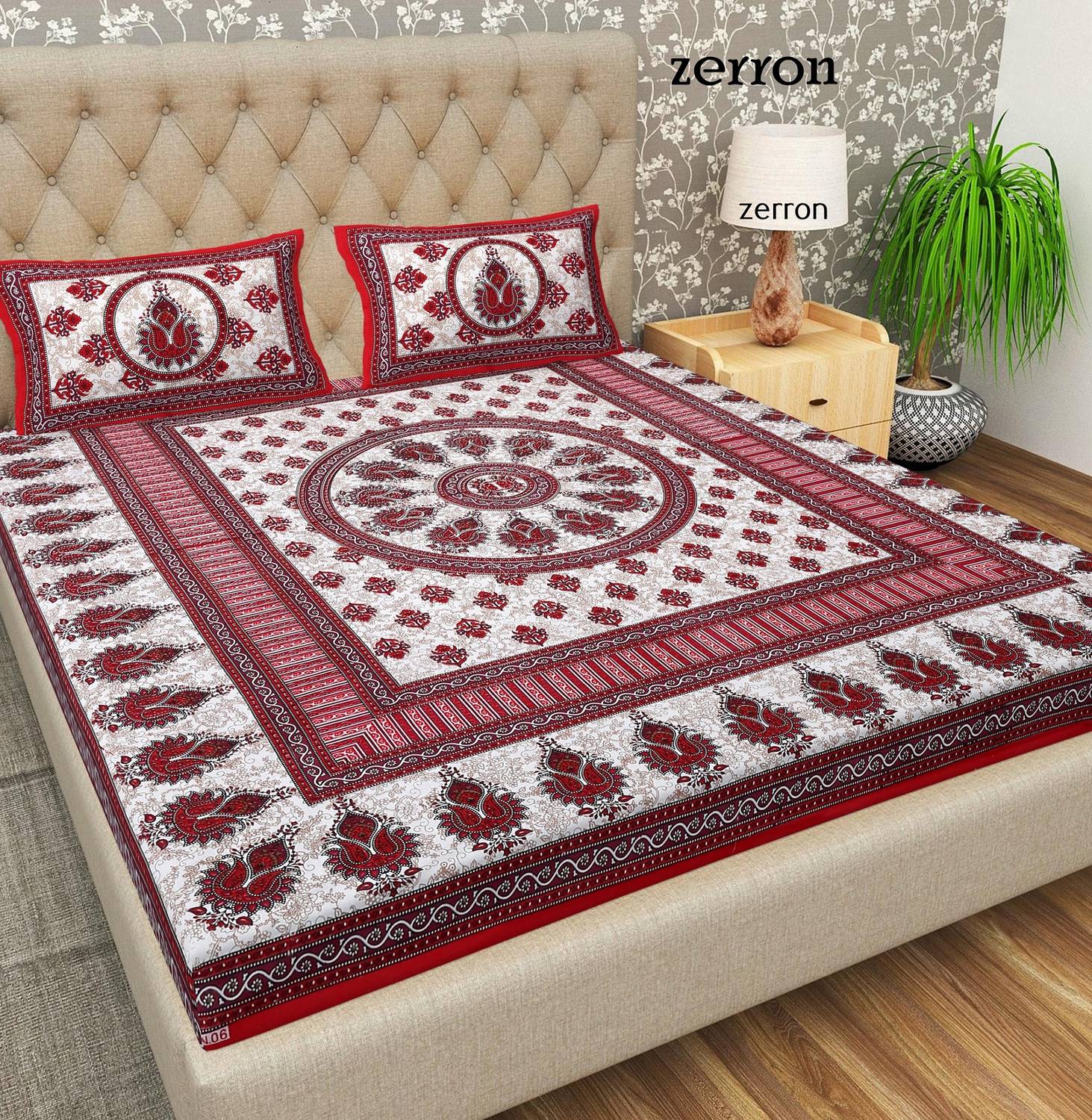 Zerron Cotton King Flat 144 TC Geometric 1 Bedsheet with 2 Pillow