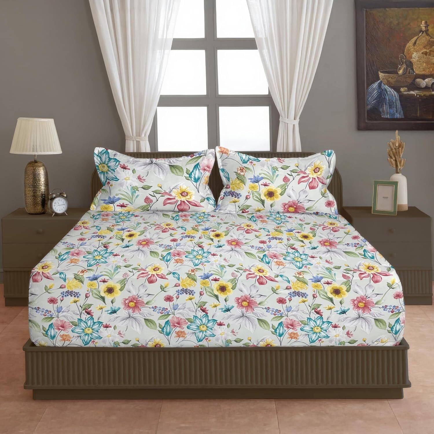 AVINYA Cotton Single Fitted (Elastic) 210 TC Floral 1 Bedsheet with 2 Pillow Covers