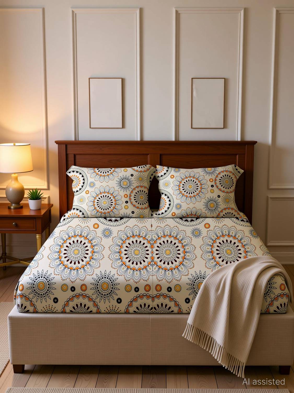 BROMWICK Cotton Double Fitted (Elastic) 251 TC 3D Printed 1 Bedsheet with 2 Pillow Covers