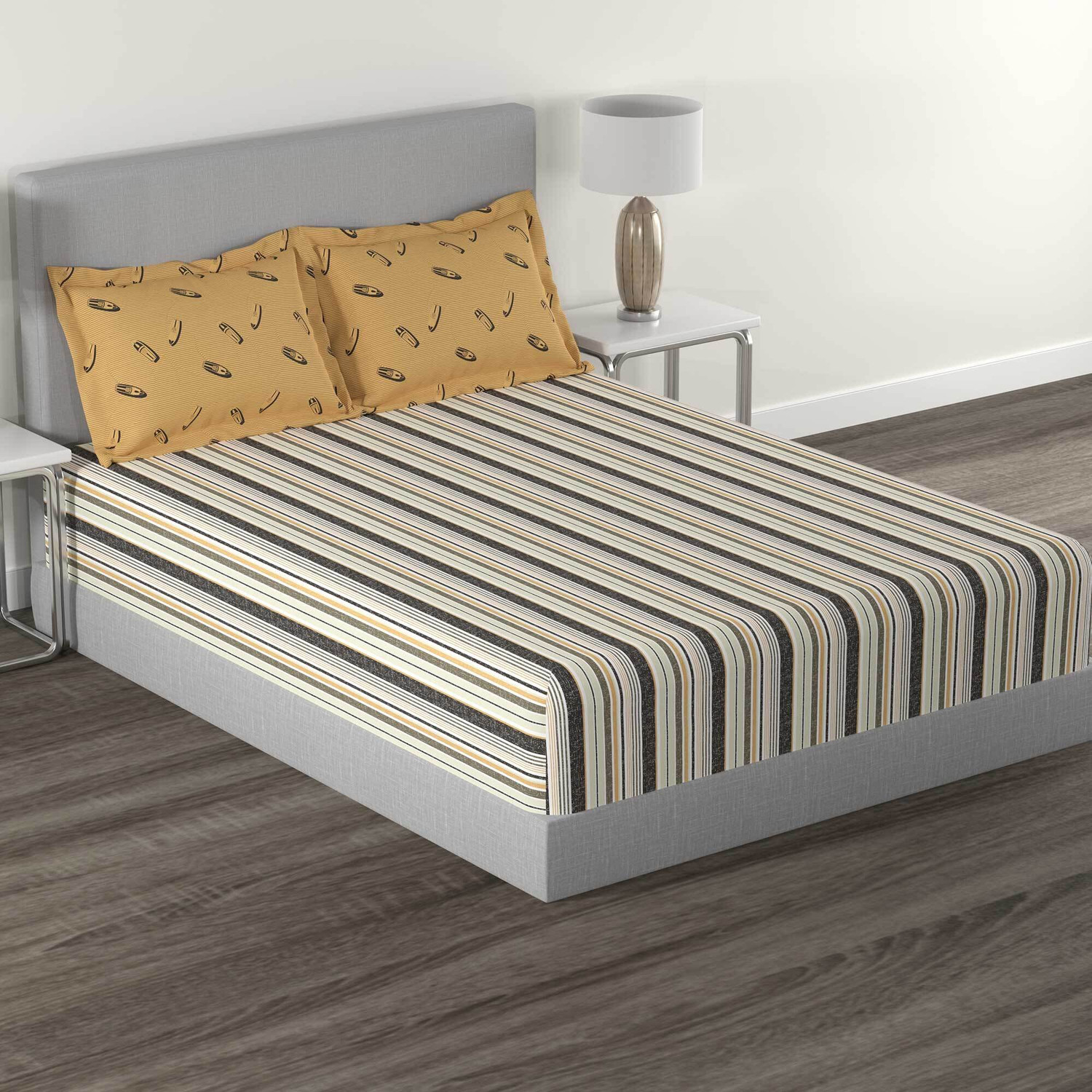 Image of MYTRIDENT Cotton Queen Flat 144 TC Geometric 1 Bedsheet with 2 Pillow Covers
