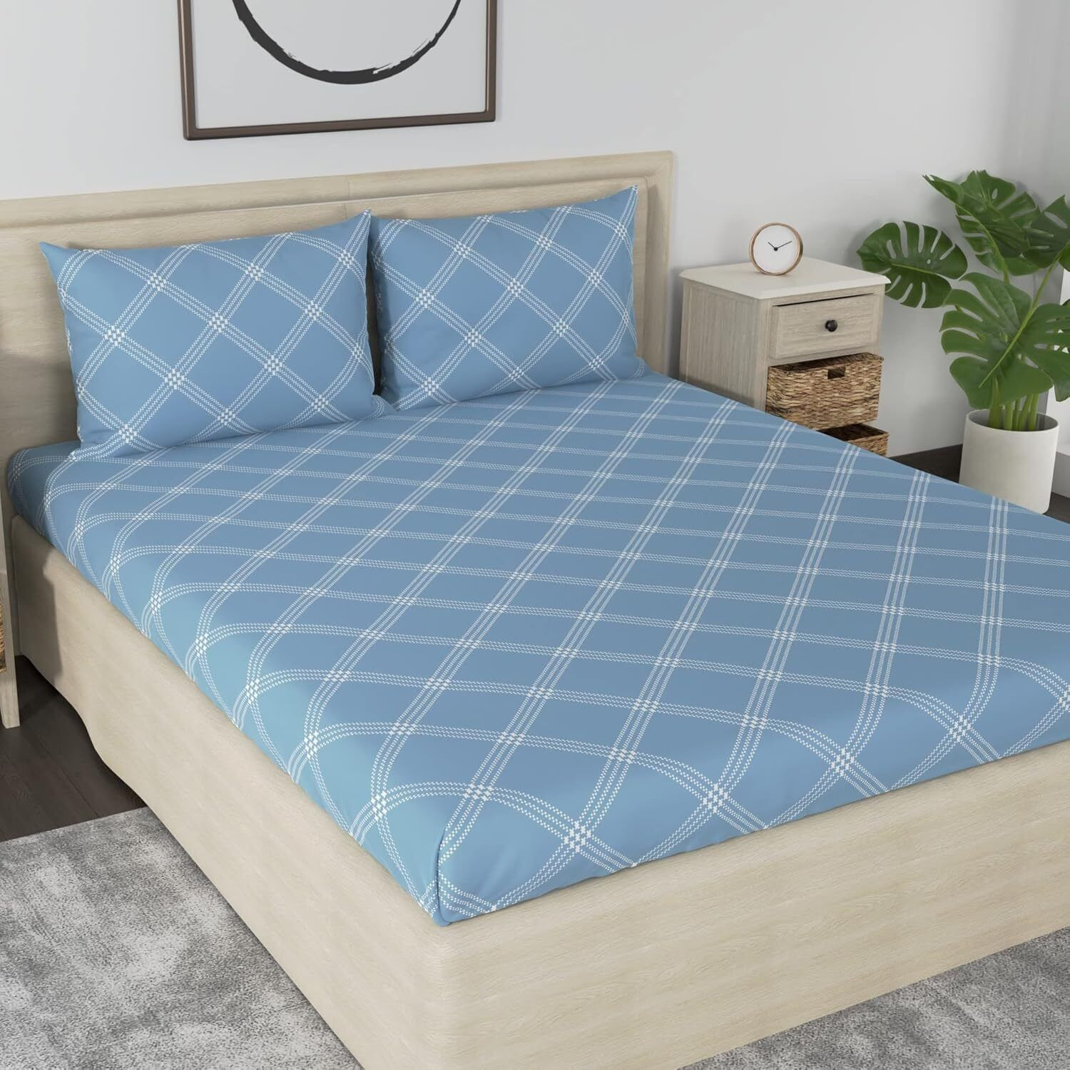 Image of Huesland Cotton King Fitted (Elastic) 210 TC Geometric 1 Bedsheet with 2 Pillow Covers