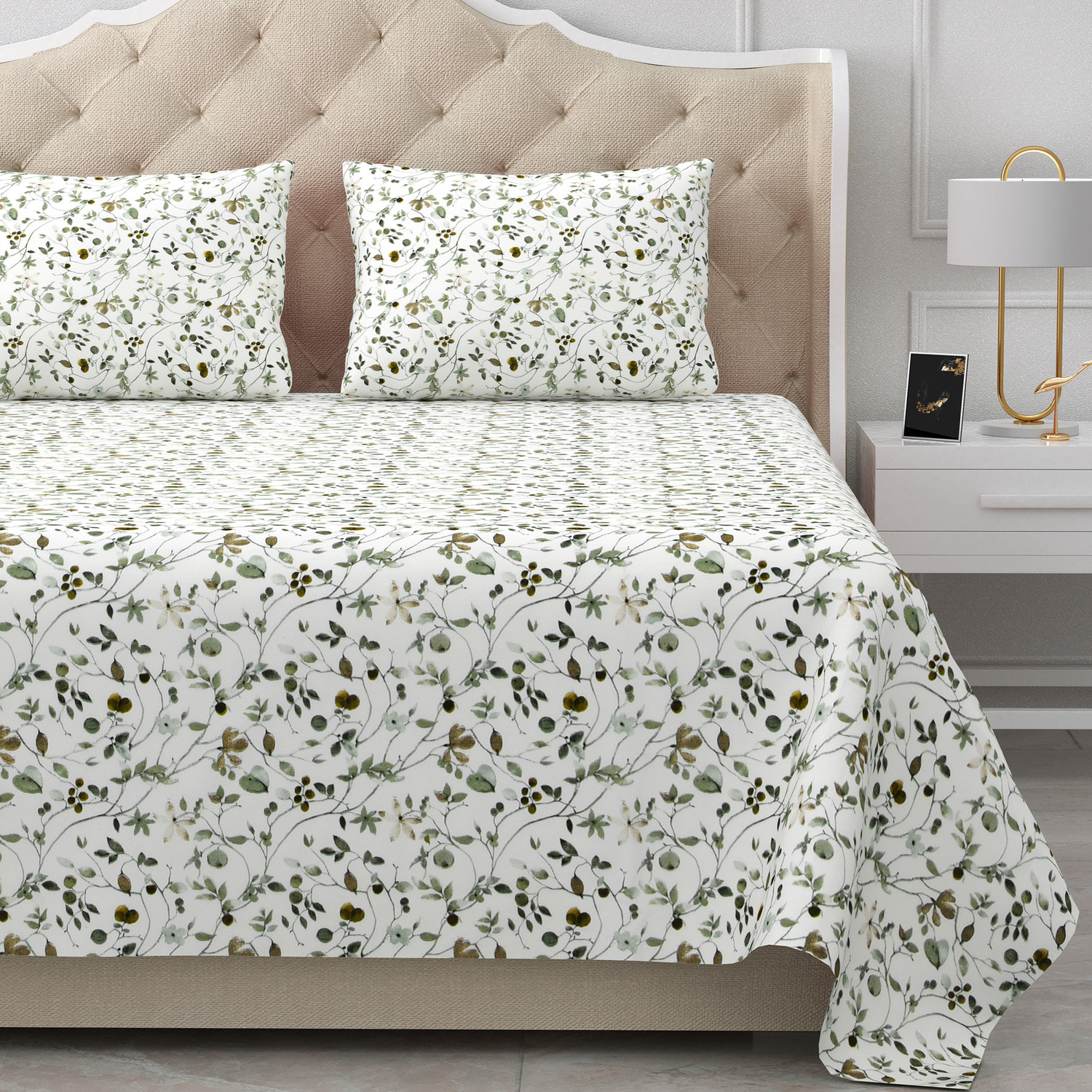 Image of BELLA CASA Cotton King Flat 180 TC Floral 1 Bedsheet with 2 Pillow Covers (Green)