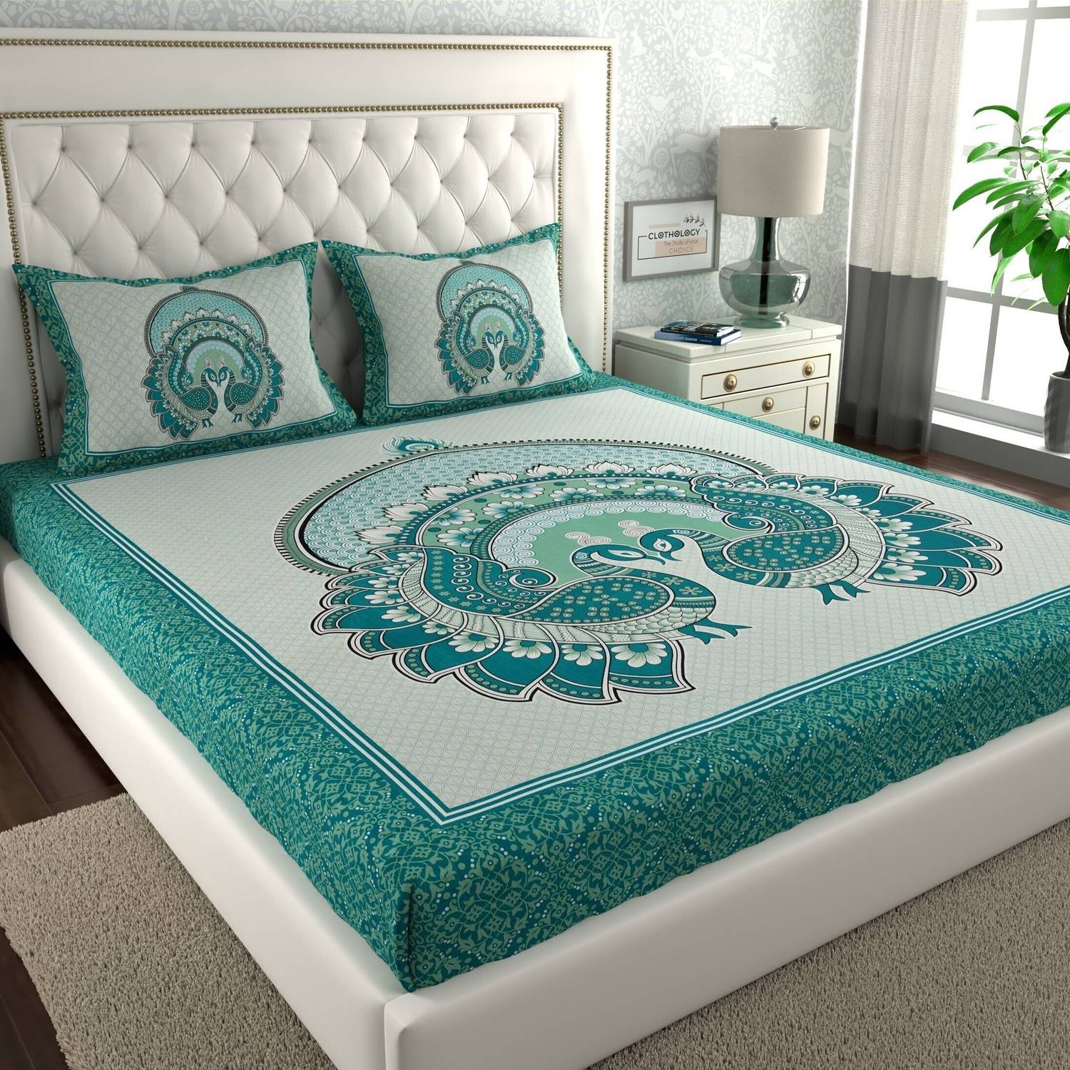 CLOTHOLOGY Cotton Double Flat 144 TC Jaipuri Prints 1 Bedsheet wi