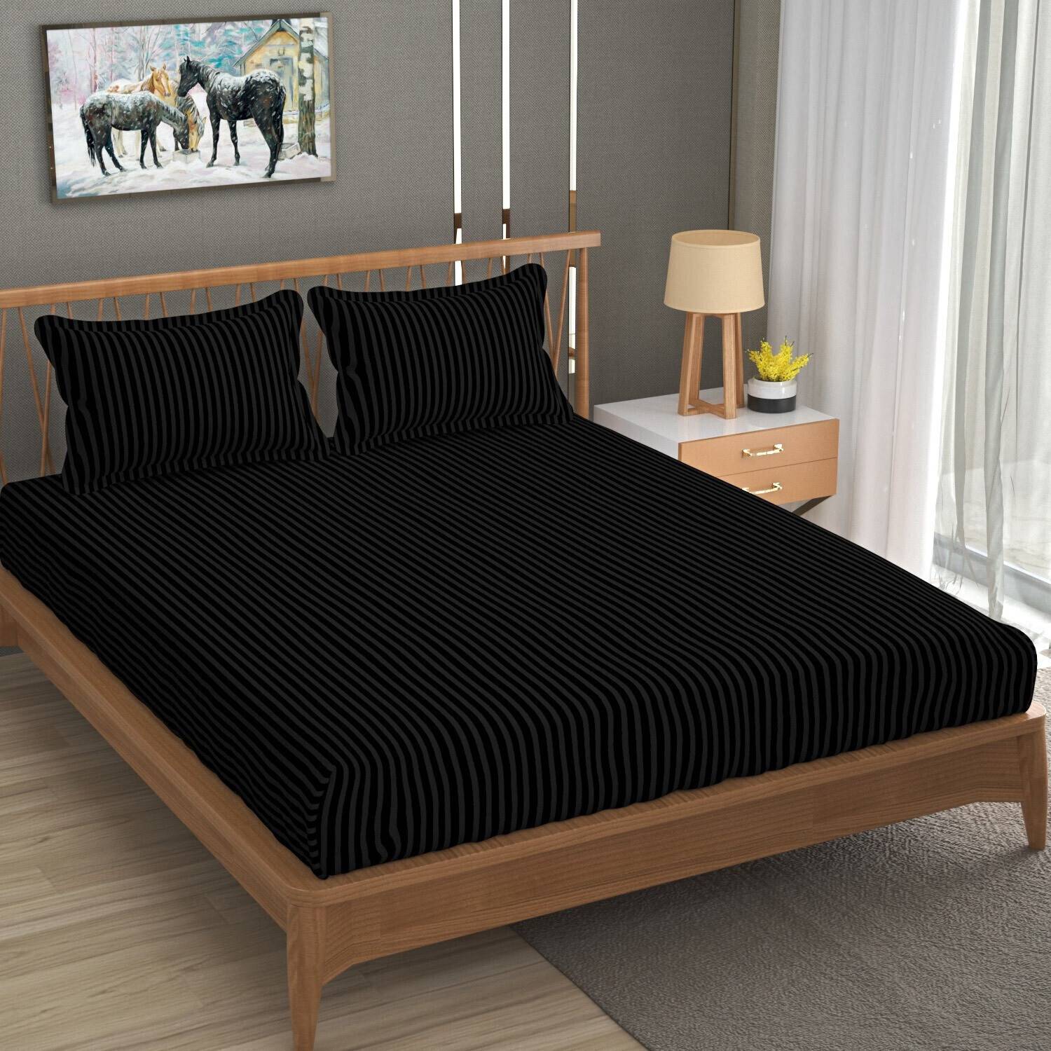 Homefab India Cotton Double Flat 140 TC Striped 1 Bedsheet with 2