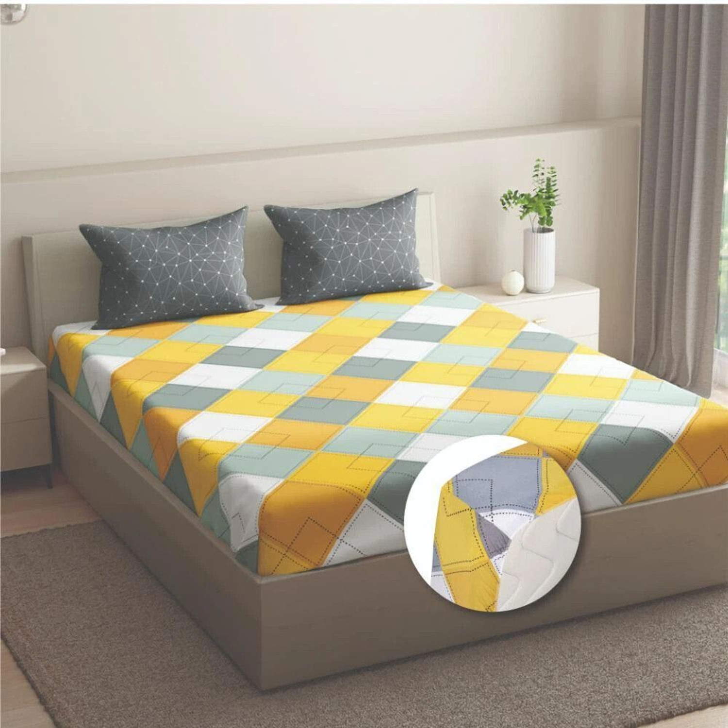 Image of Wakefit Cotton Queen Fitted (Elastic) 144 TC Checkered 1 Bedsheet with 2 Pillow Covers
