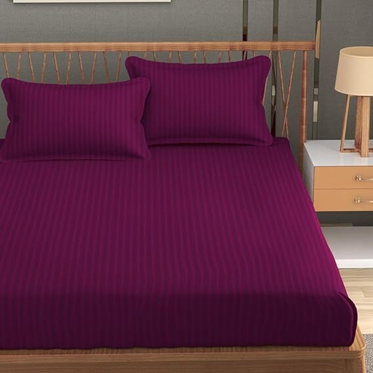 Image of Govindika Microfiber Double Flat 1000 TC Striped 1 Bedsheet with 2 Pillow Covers