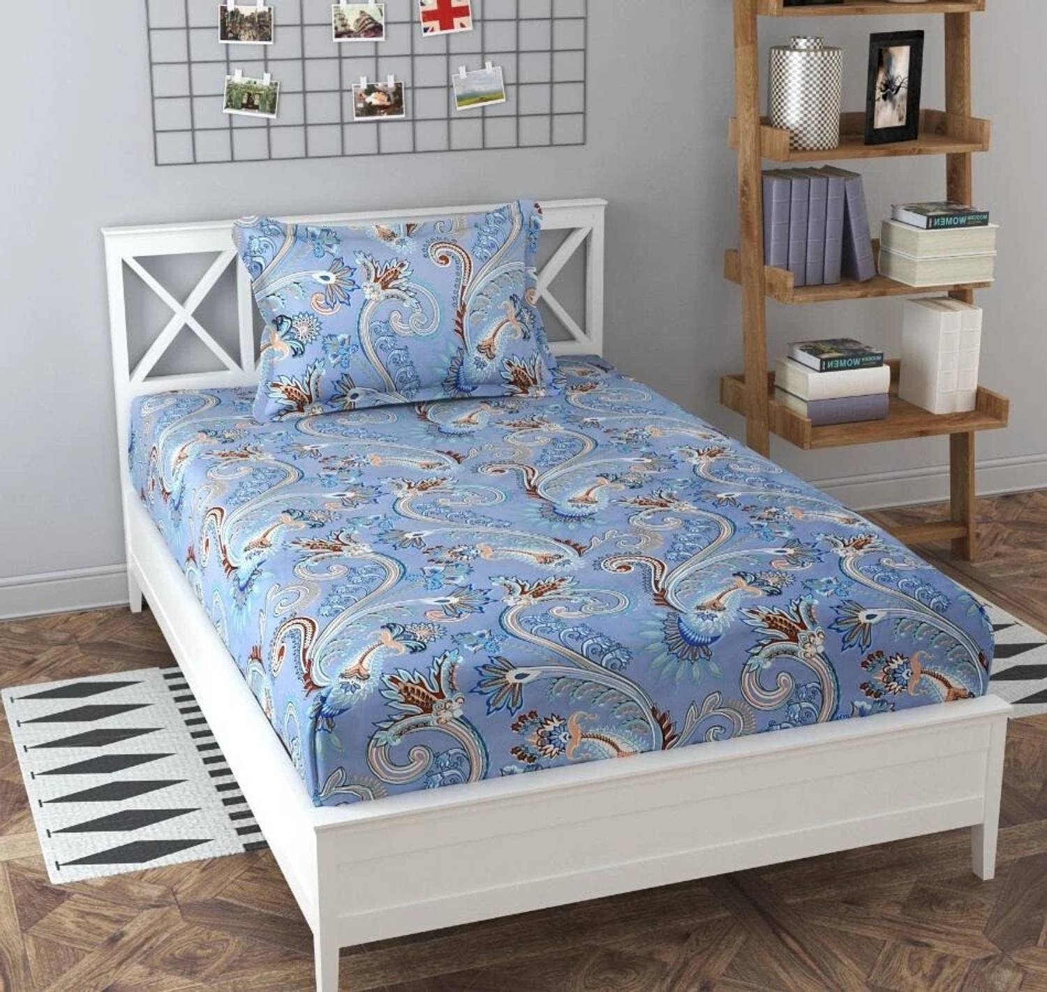 BeddingZone Cotton Single Flat 144 TC Geometric 1 Bedsheet with 2 Pillow Covers
