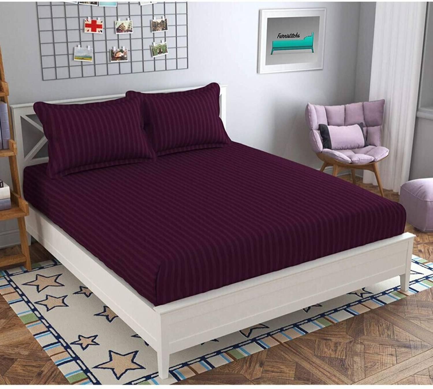roman Cotton Queen Flat 240 TC Striped 1 Bedsheet with 2 Pillow C
