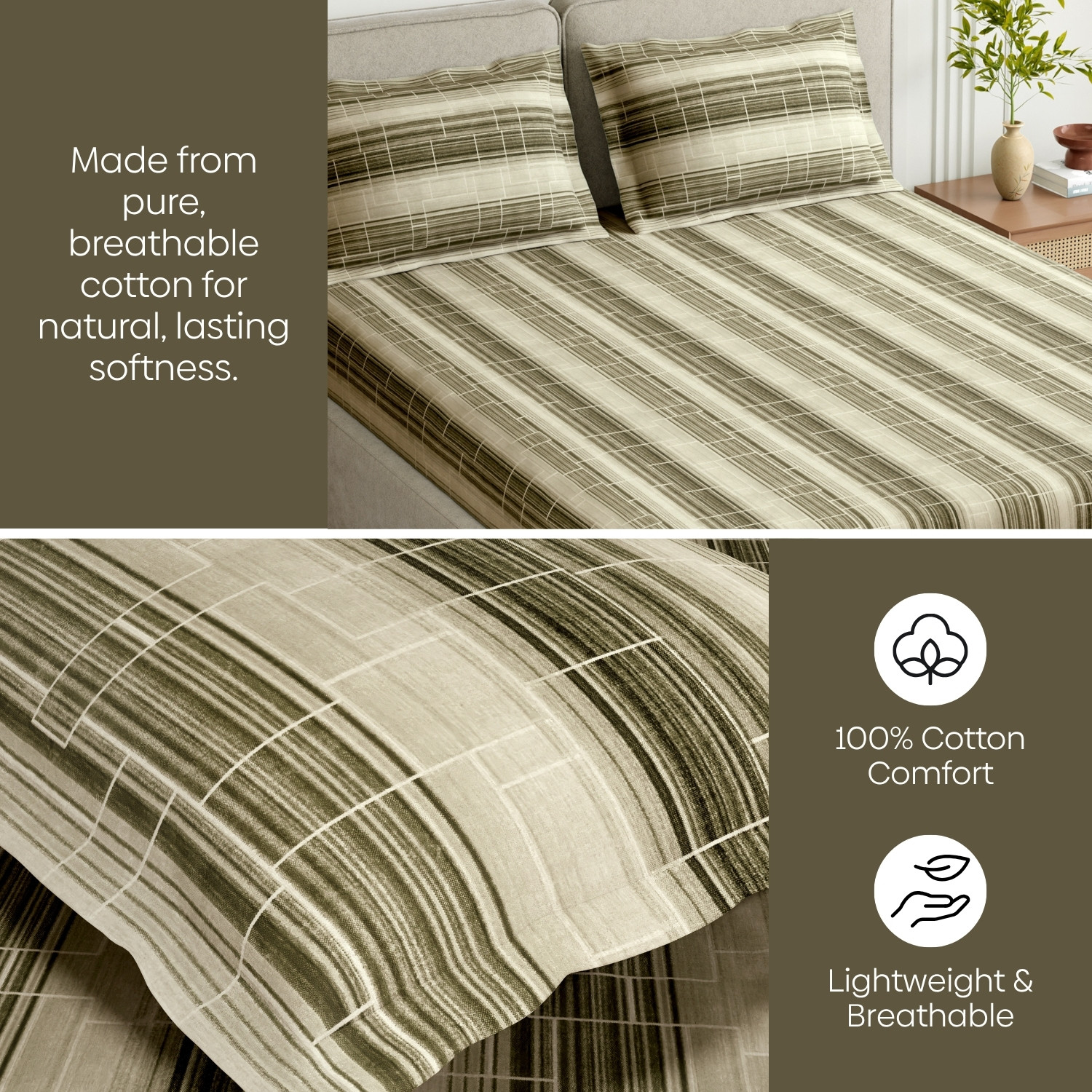 Image of haus & kinder Cotton King Fitted (Elastic) 144 TC Printed 1 Summer Bedsheet with 2 Pillow Covers