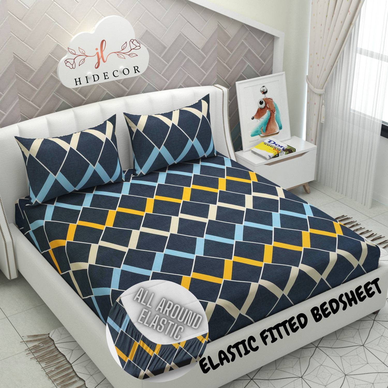 HIDECOR Cotton King Fitted (Elastic) 250 TC Abstract 1 Bedsheet w