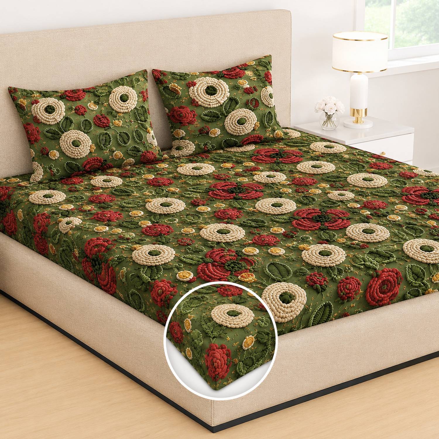 A11 M@LL Cotton Double Fitted (Elastic) 280 TC Printed 1 Summer Bedsheet with 2 Pillow Covers
