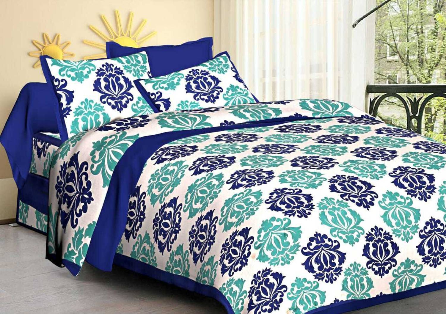 Rudra Cotton King Fitted & Flat 300 TC Floral 1 Bedsheet with 2 P