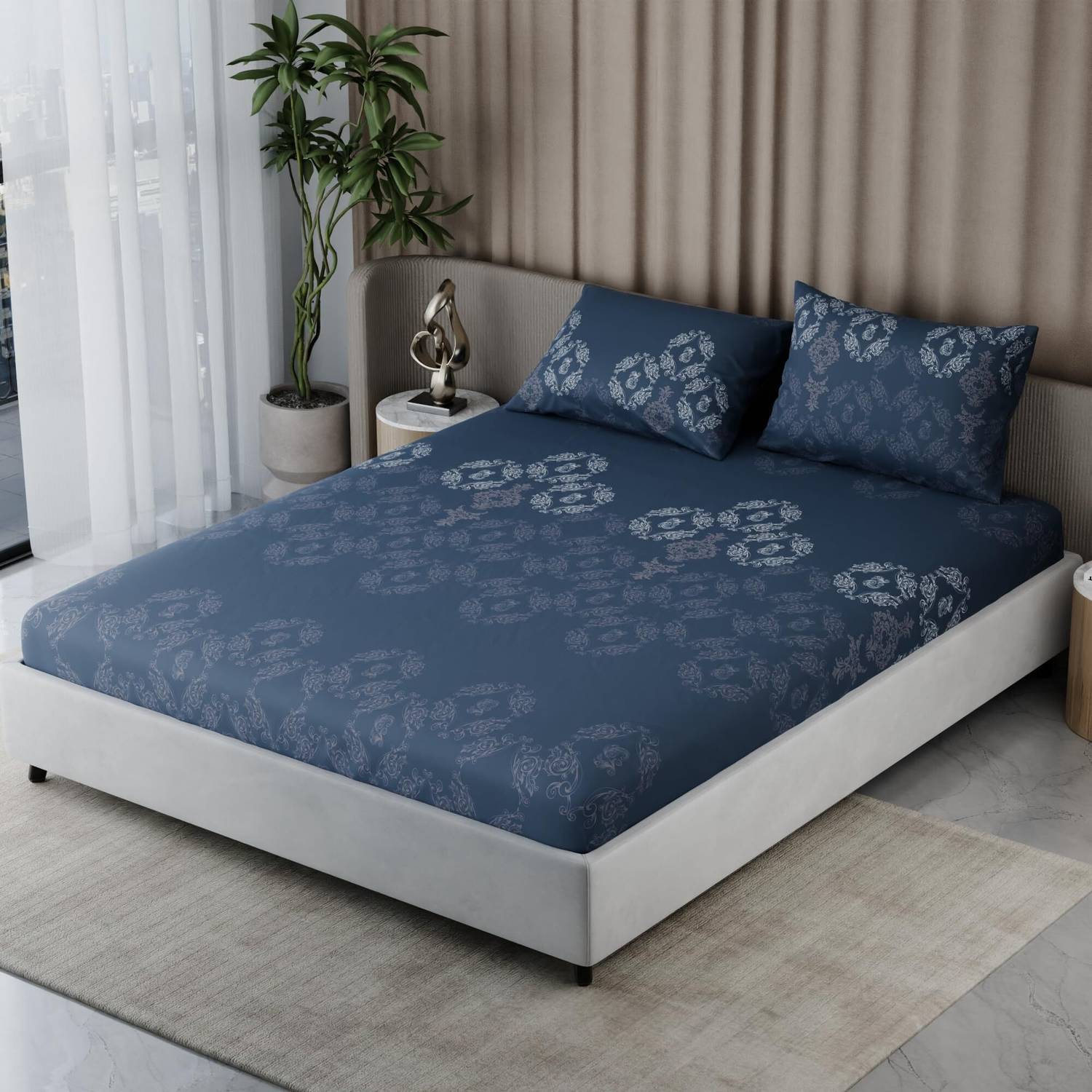 BLISSHOME Cotton King Fitted (Elastic) 150 TC Printed 1 Winter Bedsheet with 2 Pillow Covers