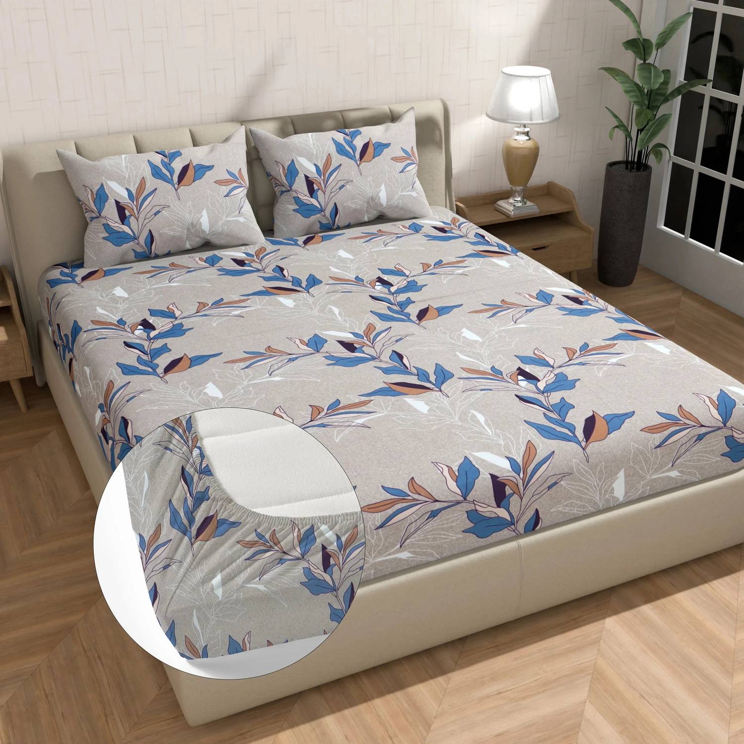 BM Decor Cotton King Fitted (Elastic) 200 TC Floral 1 Bedsheet with 2 Pillow Covers