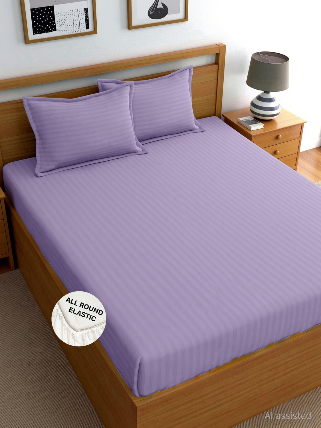 Weave & Décor Microfiber Super King Fitted (Elastic) 300 TC Striped 1 Bedsheet with 2 Pillow Covers