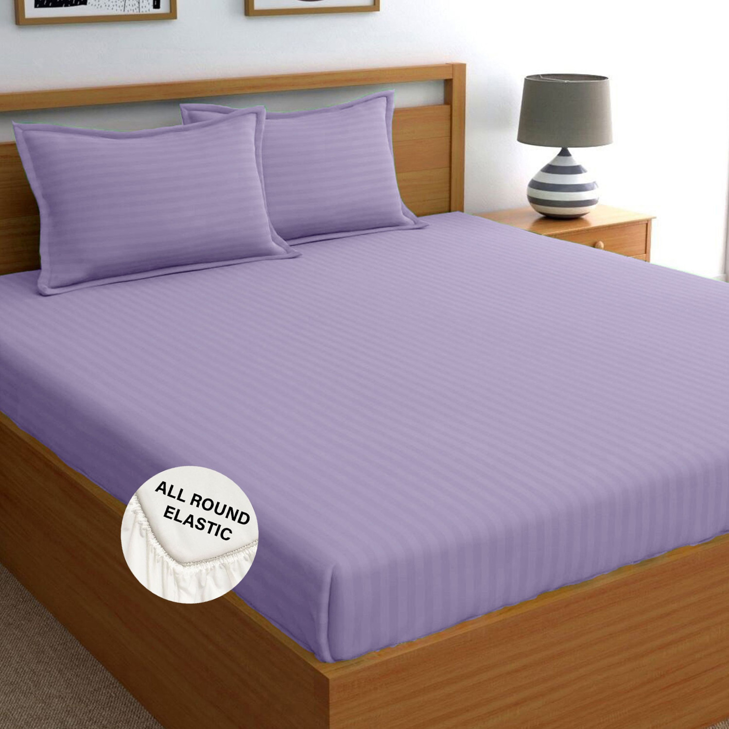Image of Weave & Decor Microfiber King Fitted (Elastic) 300 TC Striped 1 Bedsheet with 2 Pillow Covers