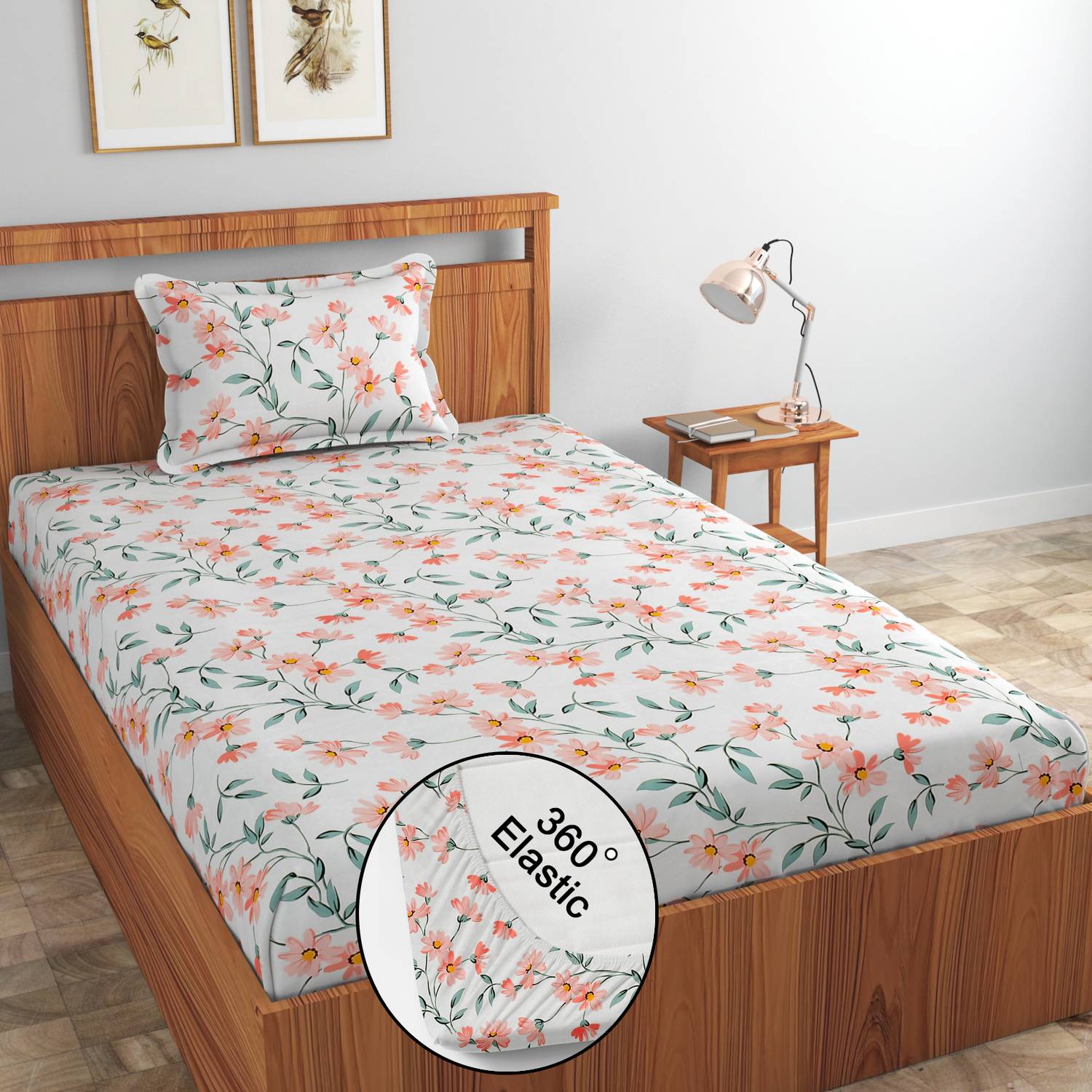 AMEYAA Cotton Single Fitted (Elastic) 320 TC Floral 1 Bedsheet with 2 Pillow Covers