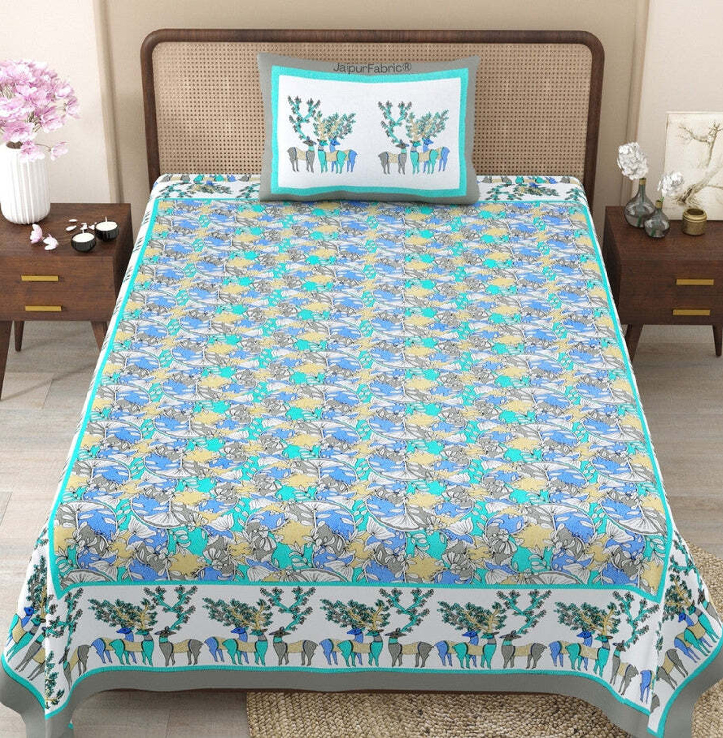 Image of JAIPUR FABRIC Cotton Single Flat 240 TC Jaipuri Prints 1 Bedsheet with 2 Pillow Covers