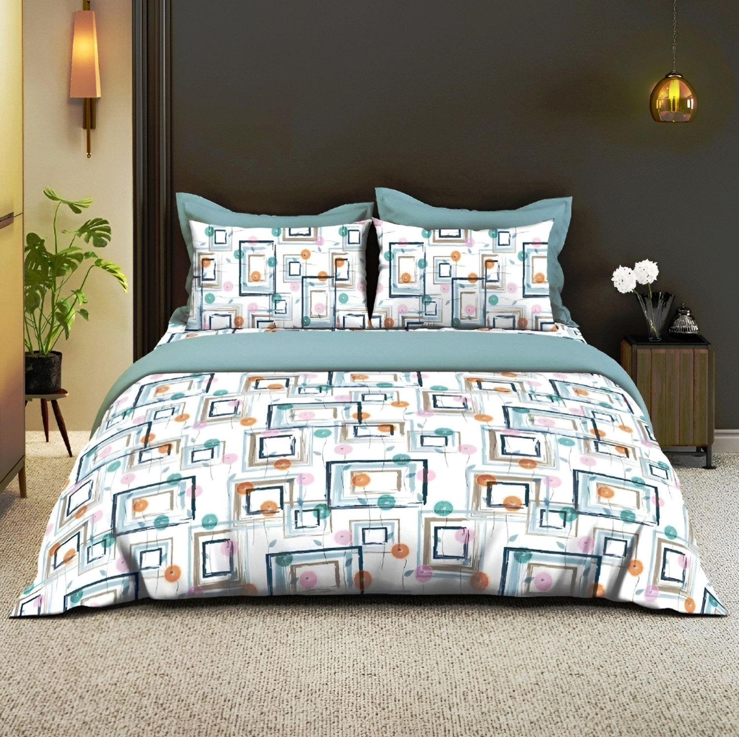 Image of Bombay Dyeing Cotton Double Flat 120 TC Geometric 1 Bedsheet with 2 Pillow Covers
