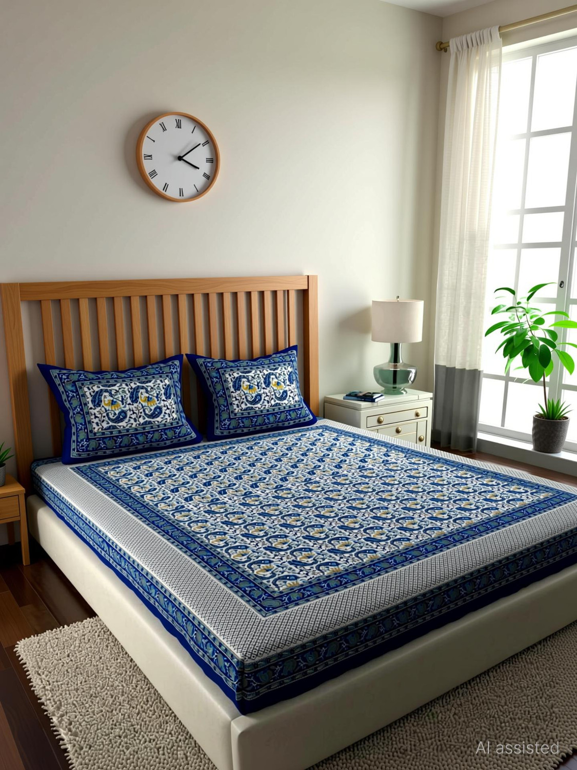 Image of COZYKO Cotton Double Flat 144 TC Jaipuri Prints 1 Bedsheet with 2 Pillow Covers