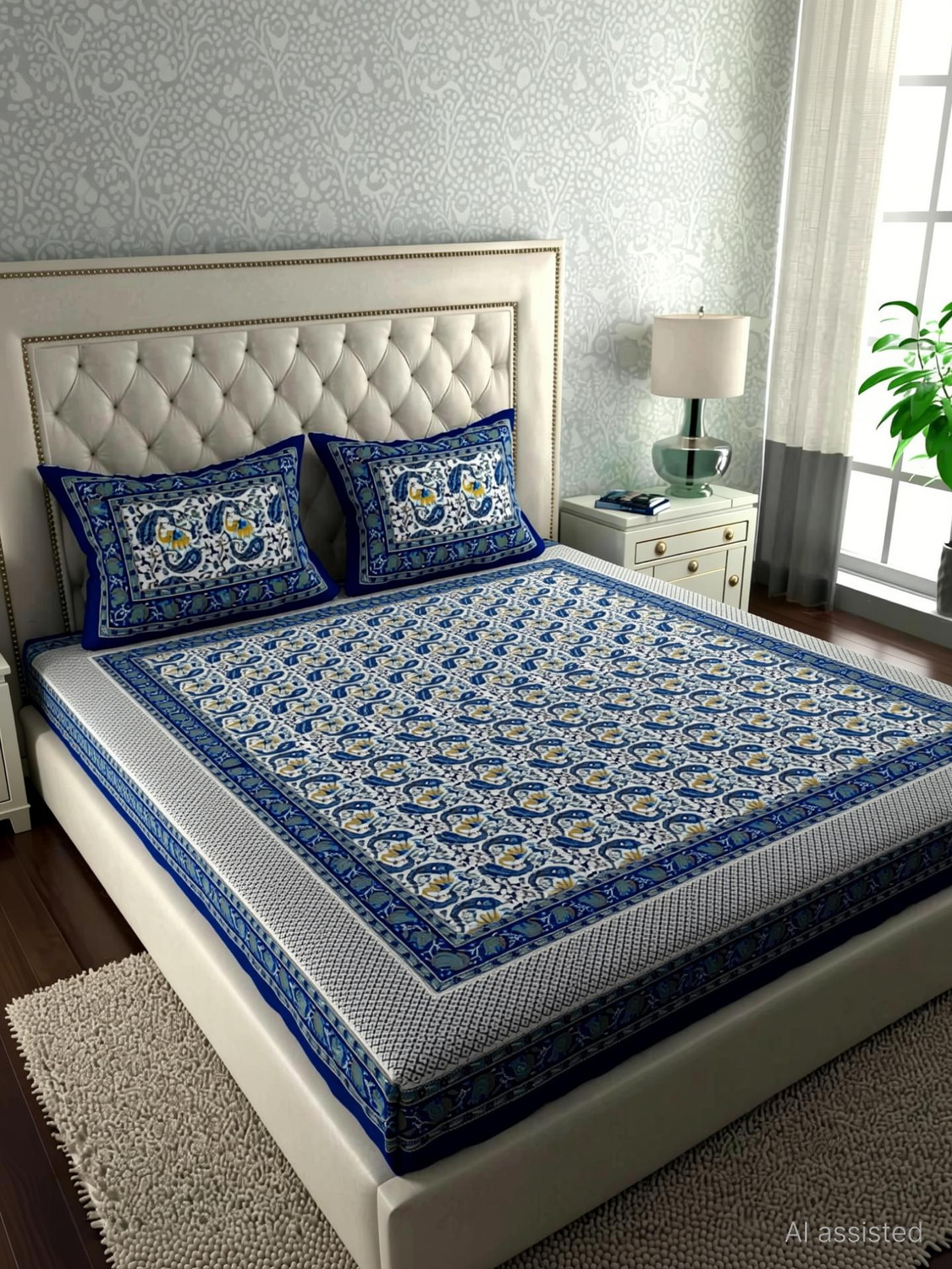 Image of COZYKO Cotton Double Flat 144 TC Jaipuri Prints 1 Bedsheet with 2 Pillow Covers