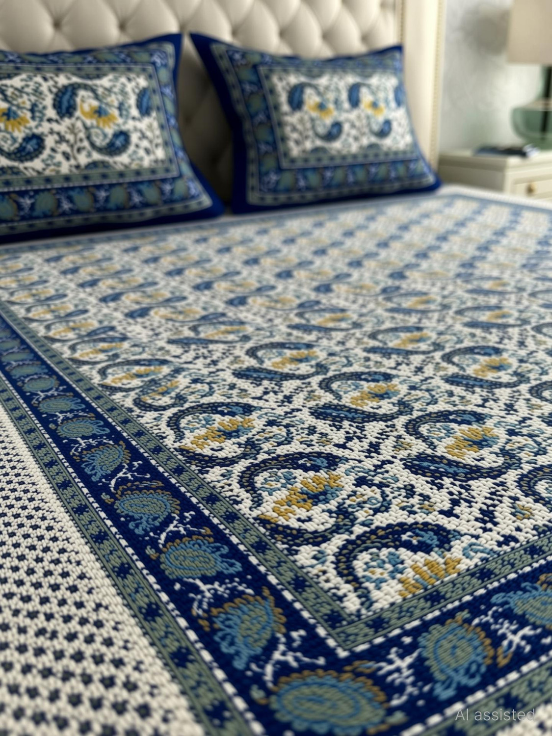 Image of COZYKO Cotton Double Flat 144 TC Jaipuri Prints 1 Bedsheet with 2 Pillow Covers